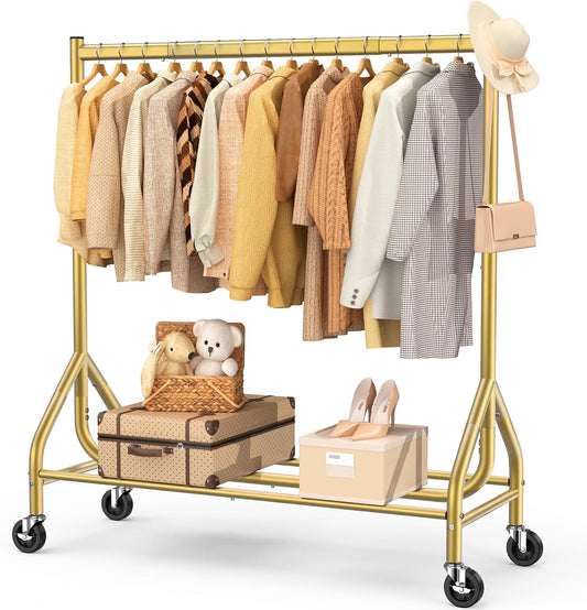 EAGMAK Heavy Duty Clothes Rack Load 420 LBS, Rolling Garment Rack with Lockable Wheels, Standing Metal Clothing Rack, Portable Wardrobe Sturdy Coat Rack for Hanging Clothes (Gold, 47.2″×18.9″×63″)