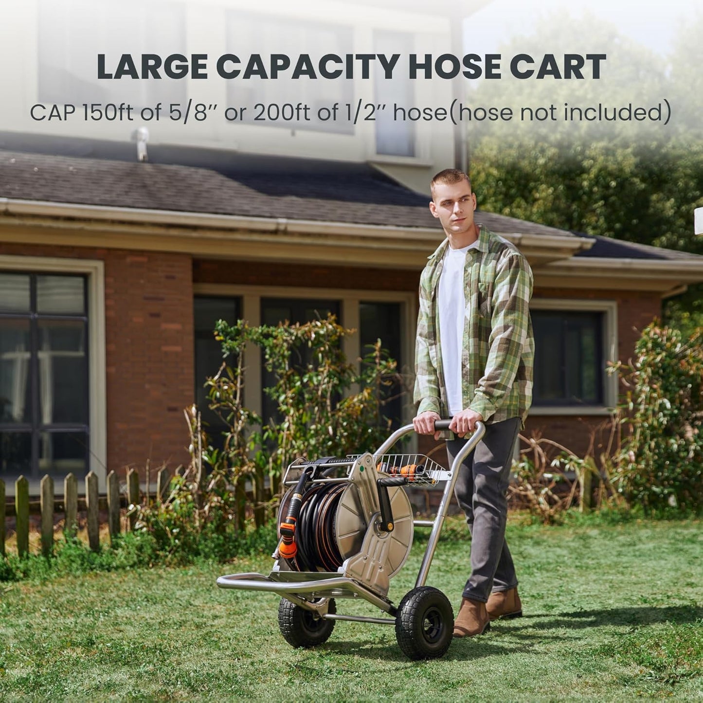 Giraffe Tools Garden Hose Reel Cart with Wheels, Stainless Steel Heavy Duty Water Hose Reel Cart, 200 ft of 1/2 Capacity, Mobile for Outside