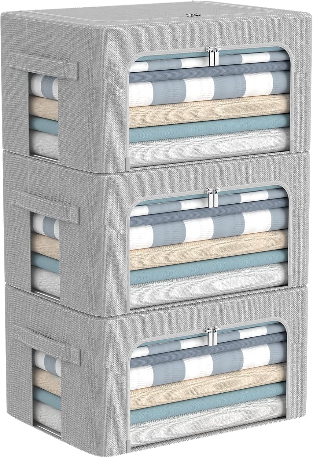 CYhom 3Pack Foldable Storage Bins - Frame Storage Box Linen Fabric Stackable Clothes Container Organizer with Clear Window & Carry Handles Large Capacity (Small-22L, Light Grey)