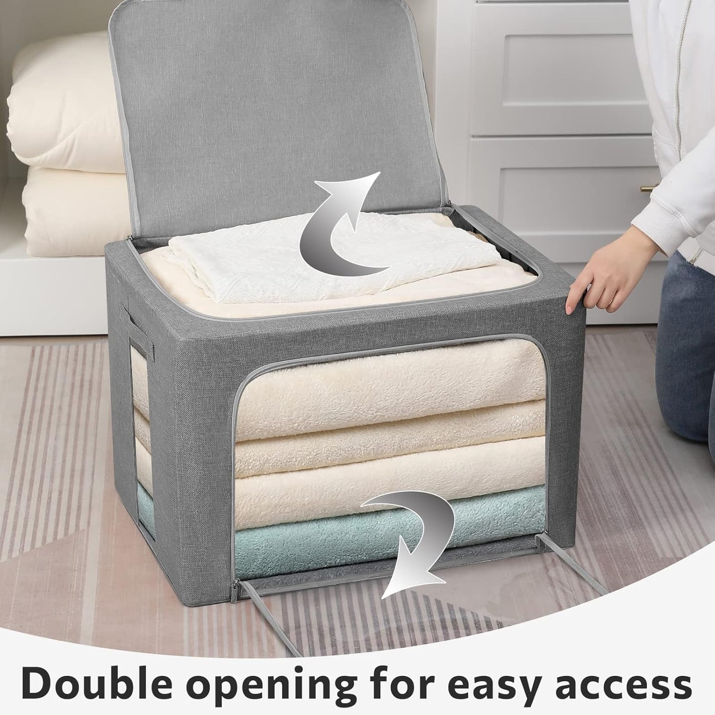 FHSQX 2 Pack Clear Window Storage Bins Stackable Linen Fabric Storage for Clothes Foldable Box Organizer Set with Carrying Handles-36L (Gray, 15.7x 11.8x 11.7 Inch)