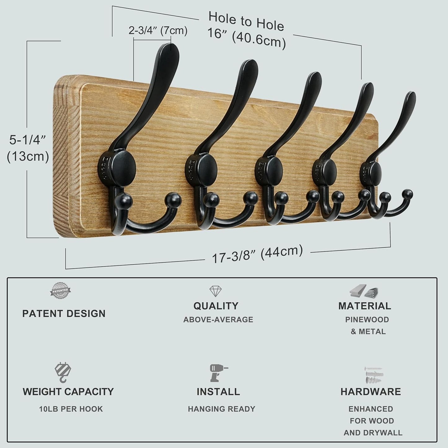 Dseap Coat Rack Wall Mount - Heavy-Duty Robust Barnwood-Style Wooden Wall Coat Hanger Hook Rail with 5 Triple Hooks for Winter Coats Hat Jacket Clothing, Weathered Brown & Black