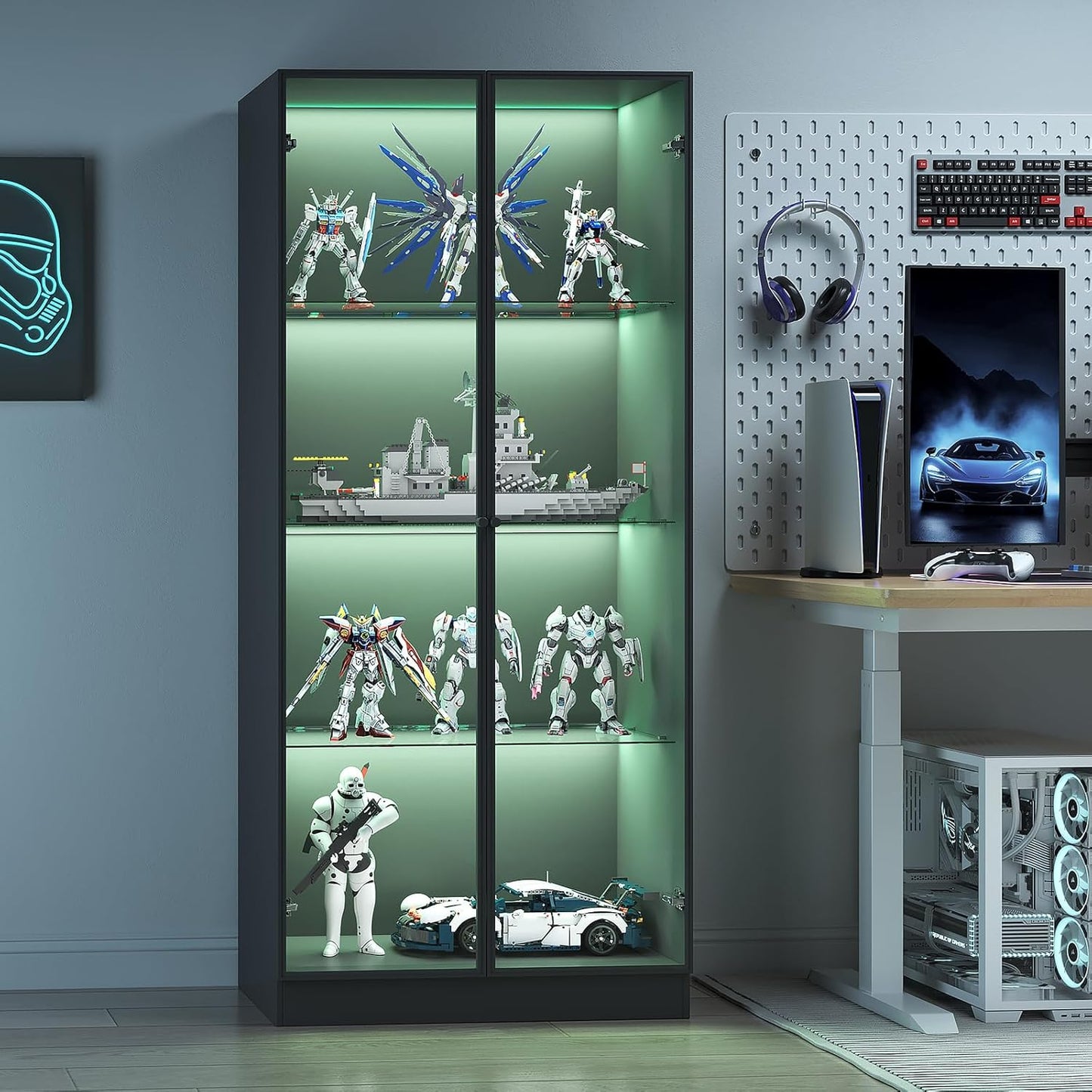 Display Cabinet with LED Lights, Display Case with 4-Tier Glass Shelves & 2 Glass Doors, Curio Cabinet for Collectibles, Living Room