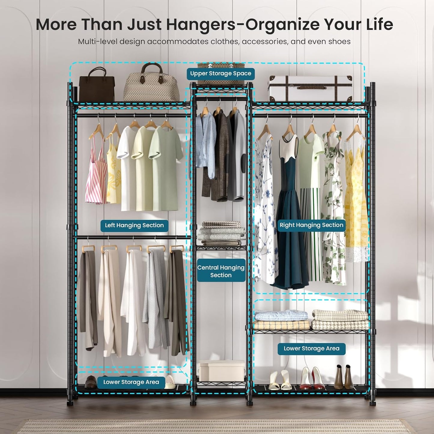Garment Rack Heavy Duty Clothes Rack Adjustable Freestanding Metal Portable Wardrobe Closet Rack with Shelves for Hanging Clothes - 72" L x 14" W x 75" H, Black