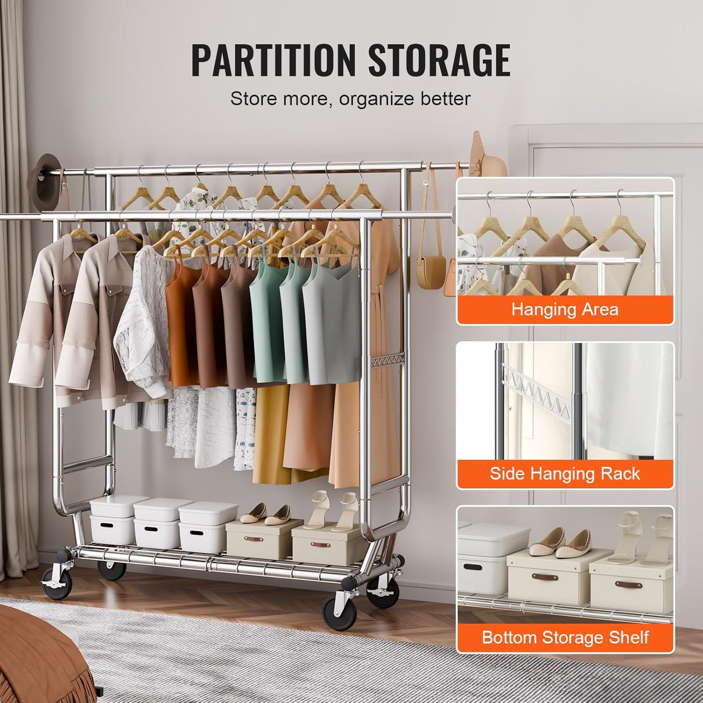 VEVOR Clothes Rack, Rolling Clothing Garment Rack, Extendable Carbon Steel Clothing Racks with Wheels for Bedroom, Laundry, Living Room