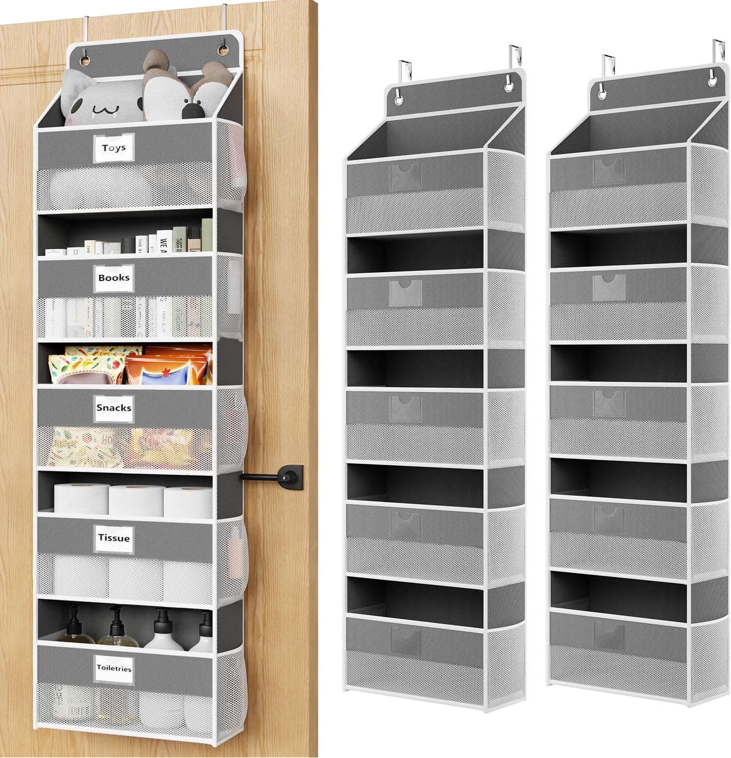 Over The Door Organizer Hanging, 2 Pack 5 Shelf Behind The Doors Storage, Pantry Door Organizer, Closet Organizers for Bedroom and Nursery (Dark Grey)