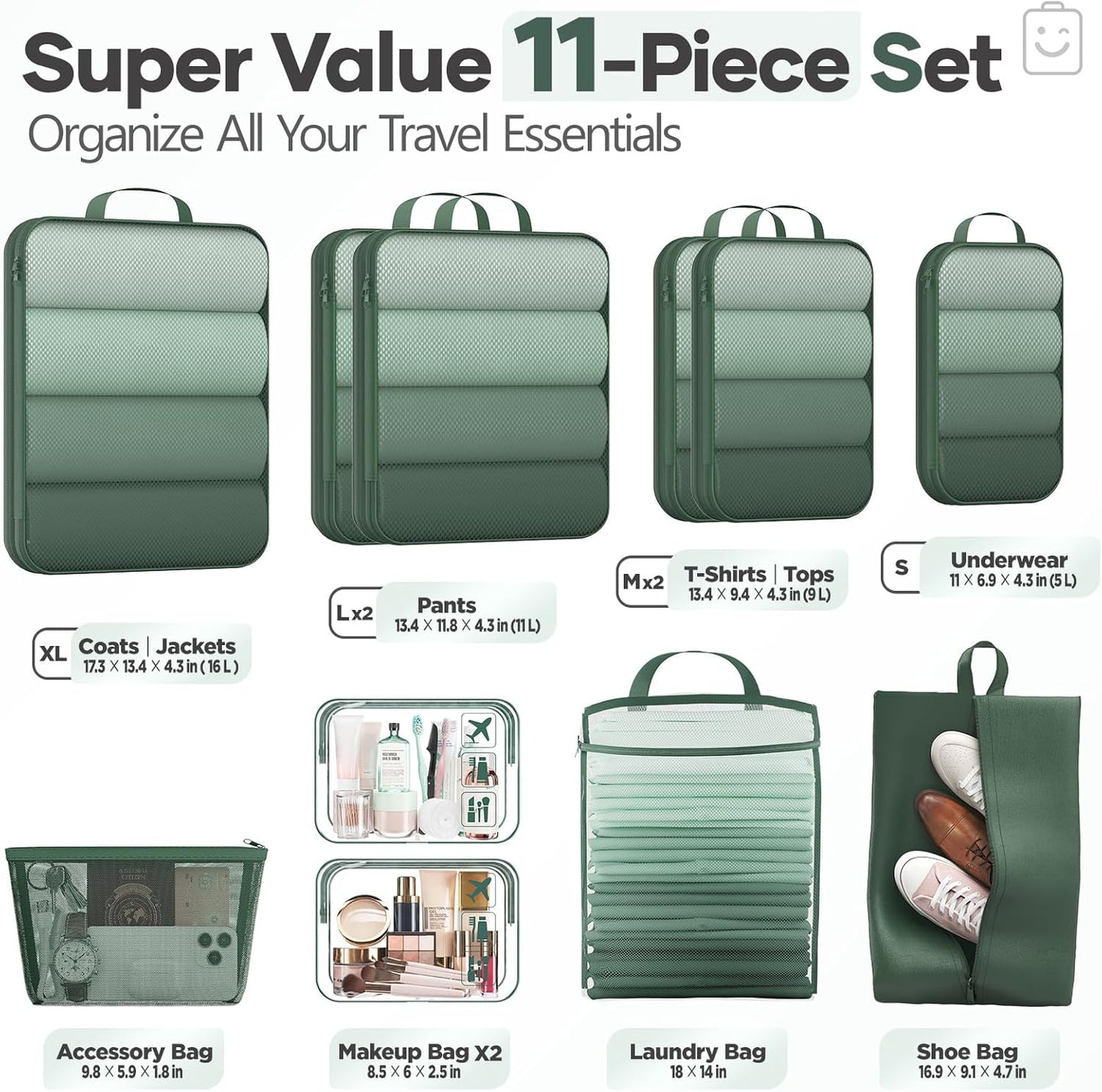Veken 11 Set Compression Packing Cubes for Travel Essentials,Compressible Expandable Large Luggage Suitcase Organizer Bags for Clothing,Durable Space Saver Storage Bags with Toiletry Bags(Dark Green)
