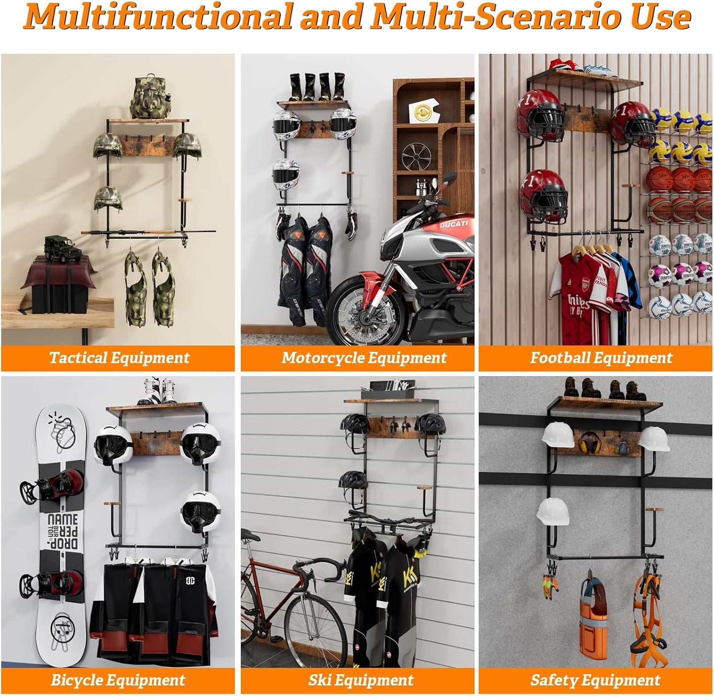 Motorcycle Helmet Holder Wall-Mounted Helmet Rack with 4 Glove Chips& Hooks - Rustic Bike Helmets Storage Organizer, Universal Wall Mount for Helmets, Gear, Clothes, Accessories，Retro