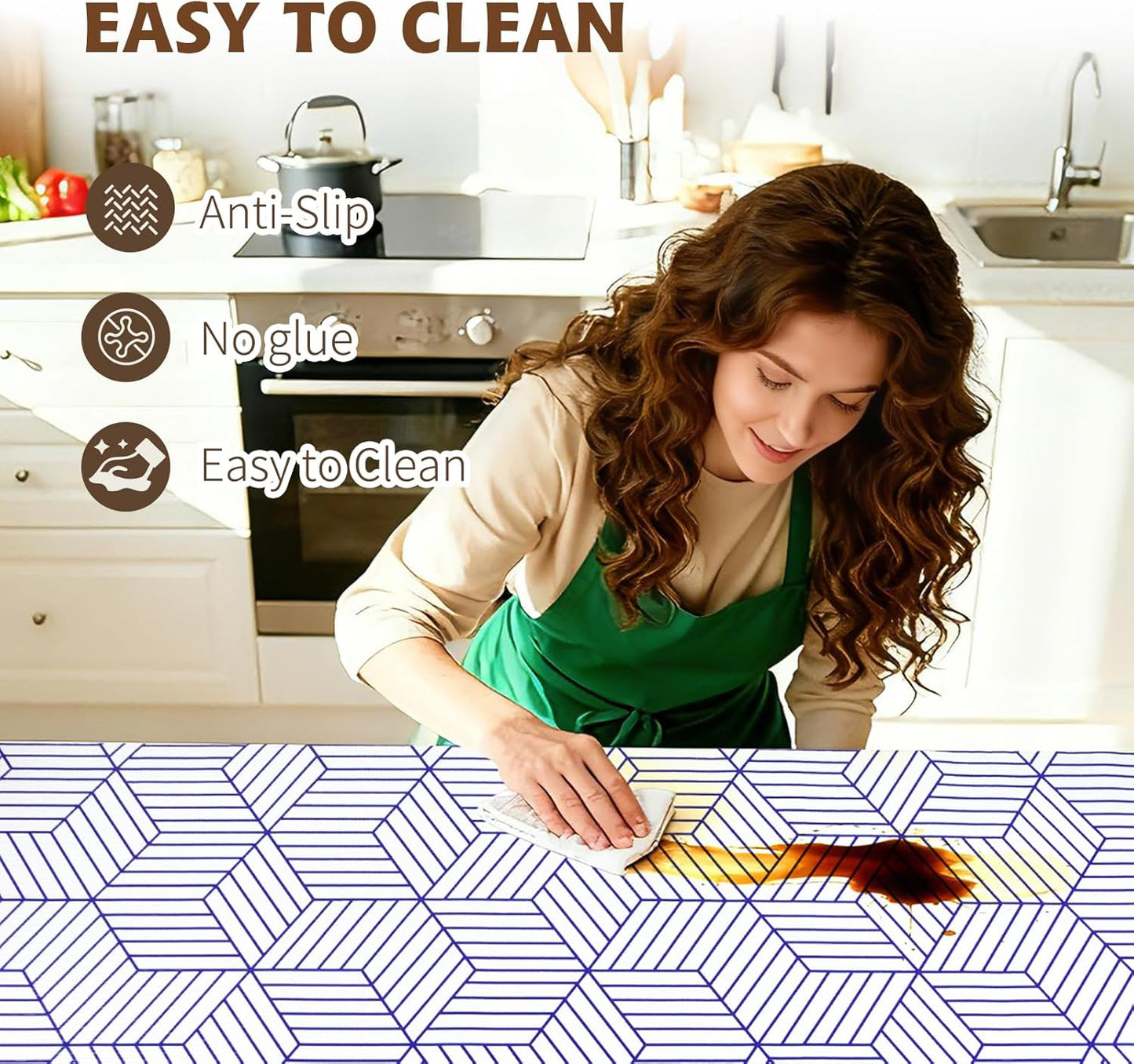 Shelf Liners for Kitchen Cabinets 12in x 20FT, Non Adhesive Cabinet Liner Strong Non-Slip White and Blue Geometric Drawer Liner, Easy to Clean for Shelf, Cabinet with Knife and Tape Measure