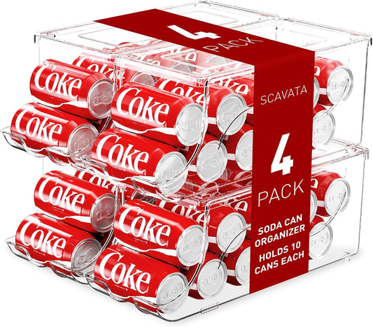 4 Pack Stackable Refrigerator Organizer, Soda Can Dispenser Pop Cans Container Beverage Holder with Lid for Fridge, Freezer, Kitchen, Clear Plastic Storage Bins-Holds 10 Cans Each