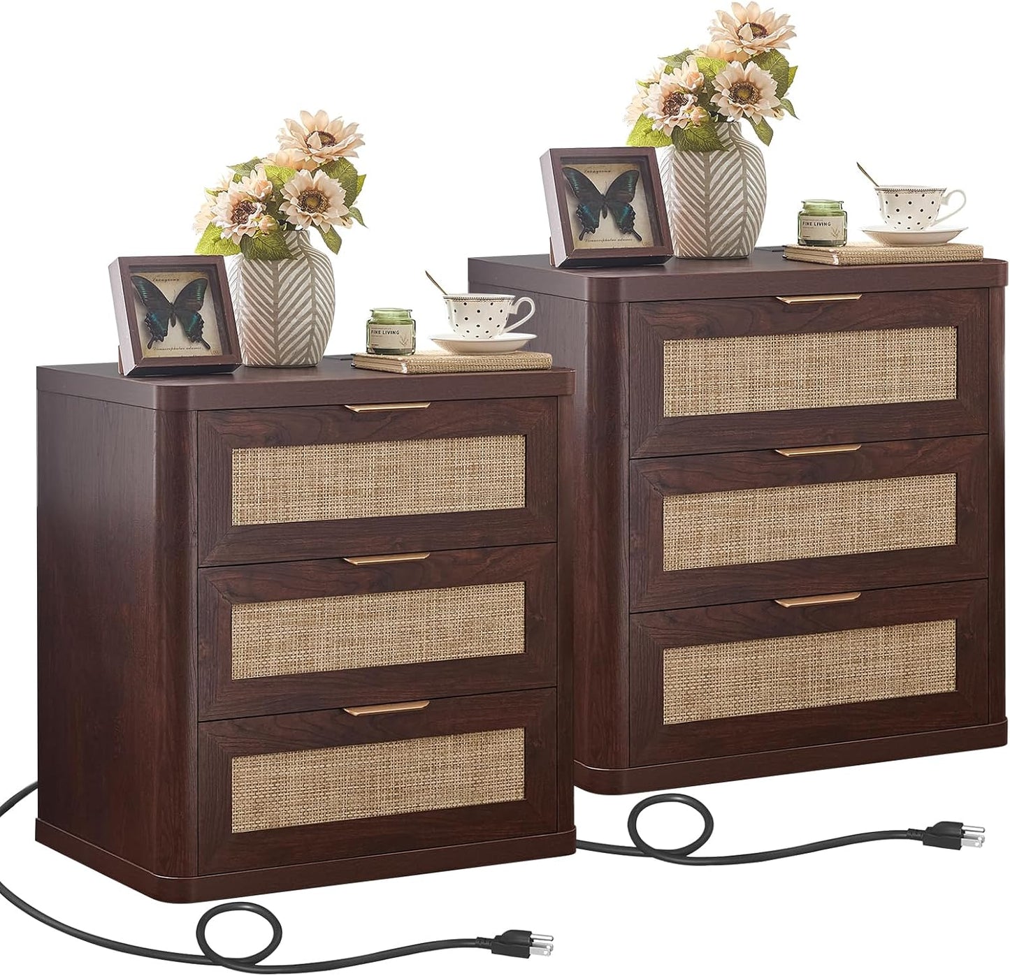LEYAOYAO Rattan Night Stand Set of 2 with Charger Station, 23" Large 3 Drawer Boho Nightstand, Walnut Bedside Table Storage Cabinet, Bed Side End Tables for Bedroom, Living Room, Hallway