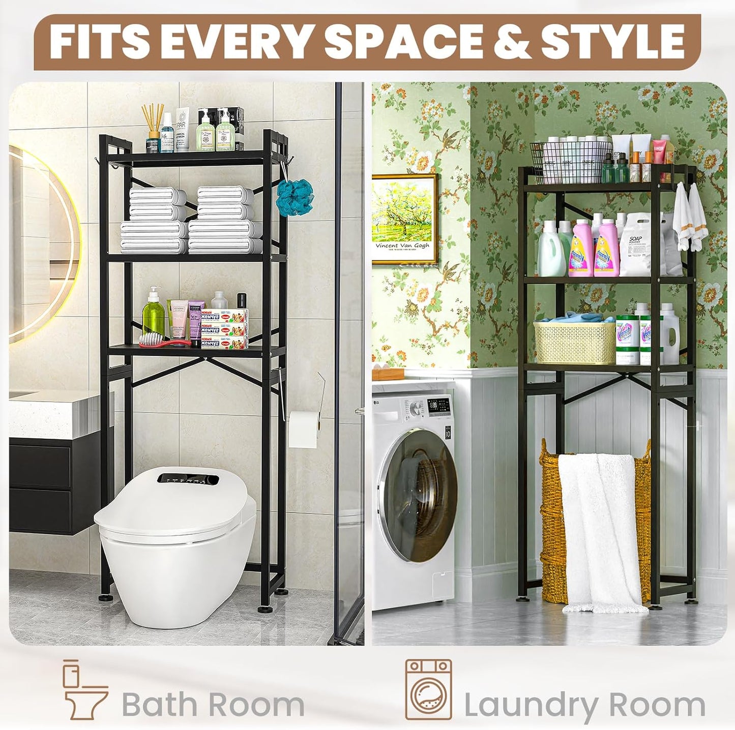 ZZL Over The Toilet Storage,3-Tier,Bathroom Toilet Organizer,Multifunctional Space Saver Freestanding Bathroom Shelves with 4 Hooks,Black
