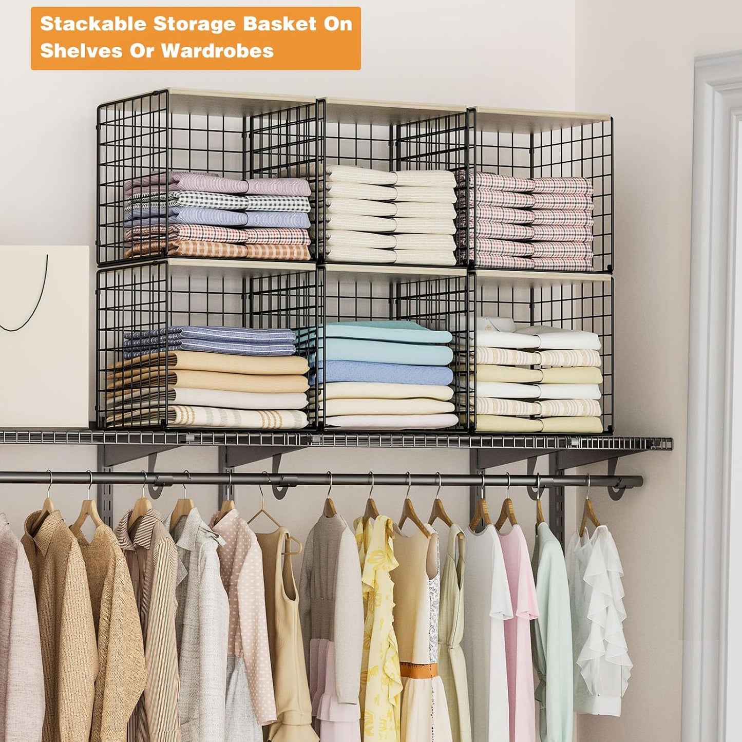 4-Tier Stackable Closet Organizers and Storage Basket, Shelves with Wood Top, Foldable Clothes Storage Bin/Cube Drawer Organizer for Wardrobe, Space-Saving, Closet Organization,Black(Patent Pending) ﻿