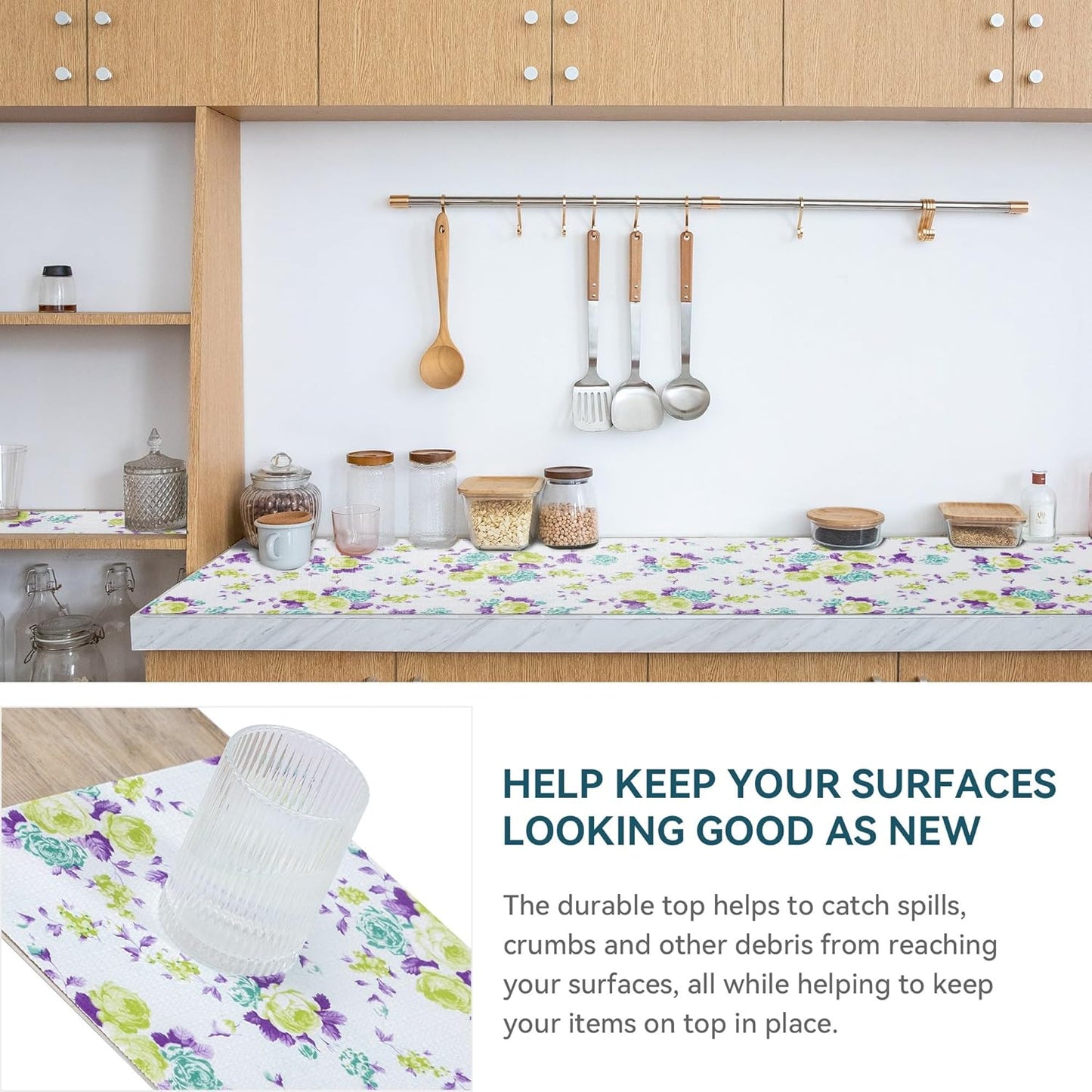 2 Rolls 18" W x 96" L Floral Drawer and Shelf Liner for Cabinets, Non-Adhesive Strong Grip Non-Slip Flower Shelf Cabinet Kitchen Shelf Liners for Kitchen Cabinets