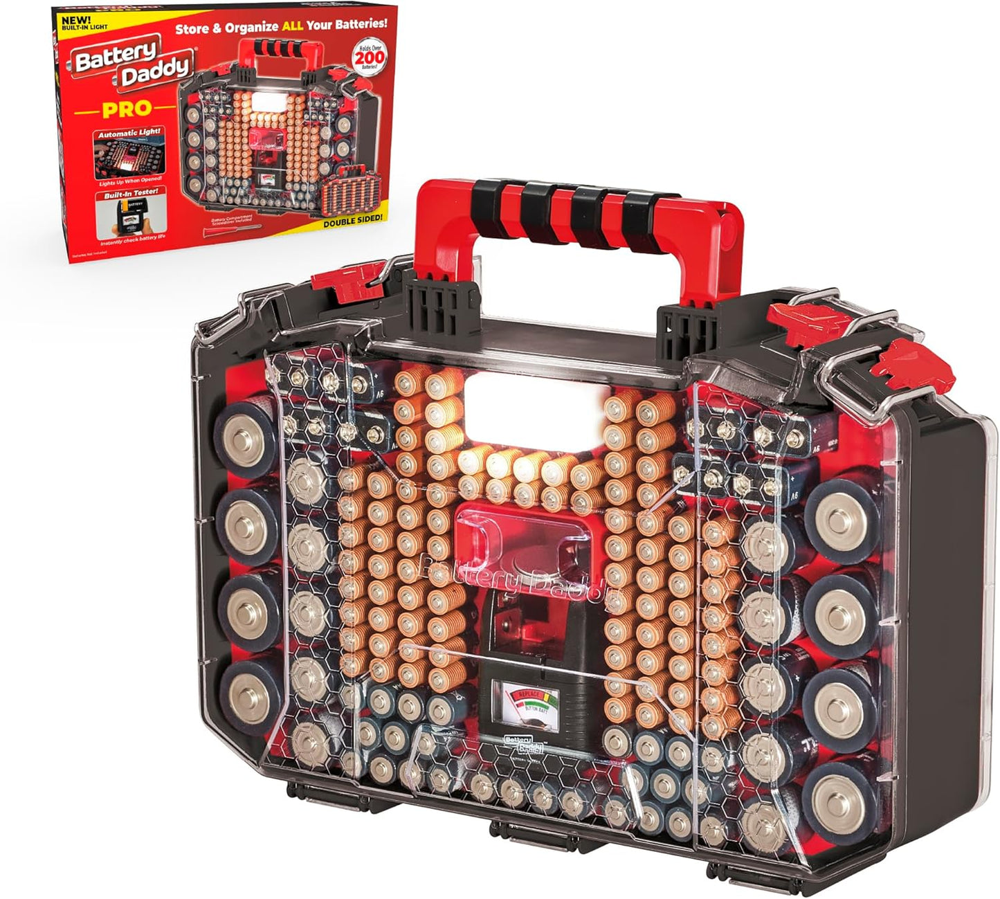 Ontel Battery Daddy Storage & Organizer Case with Light and Tester, Stores & Protects Over 200 Batteries, Double-Sided, Durable Design with Clear Locking Lid, Secure Latches & Portable Carrying Handle