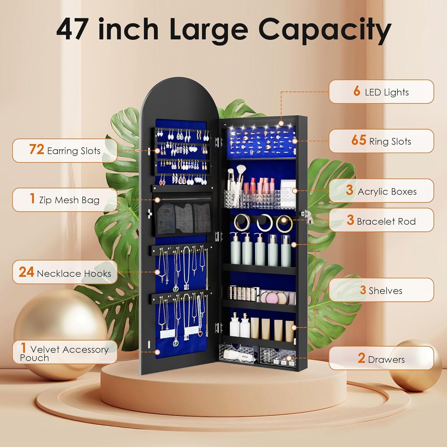 47in Tall Jewelry Cabinet Organizer, Arched Wall or Door Mounted Jewelry Armoire with Full-Length Mirror, 6 LEDS Lockable Hanging Mirror Cabinet with Storage, 2 Drawers, Women Girls Gifts,Black