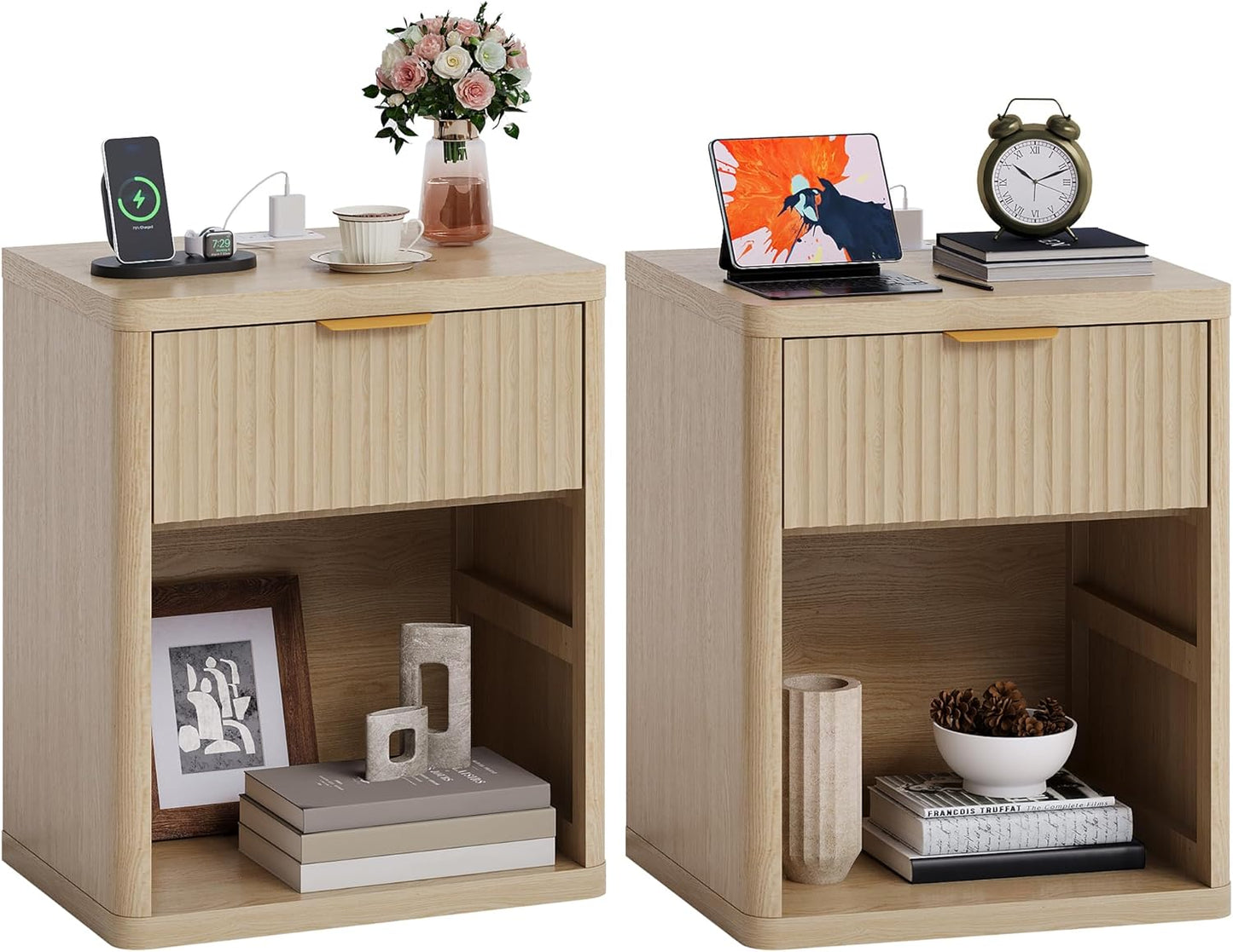 Fluted Nightstand Set of 2 with Charging Station, Bedside Table with Drawers and Open Storage Space, Metal Handles and Rounded Corners for Safety, Mid Century Modern End Table, Bedroom, Living Room