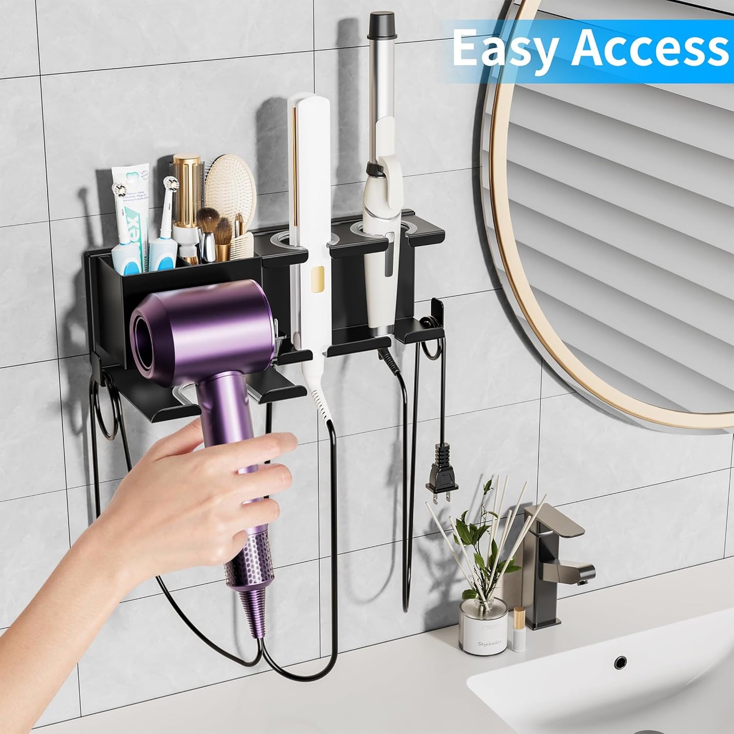 Hair Dryer Holder Wall Mounted, Metal Hair Tools Organizer, Hair Dryer Holder for Blow Dryer, Curling Iron, Straightener, Bathroom Hair Accessories Tools Organizer, Black