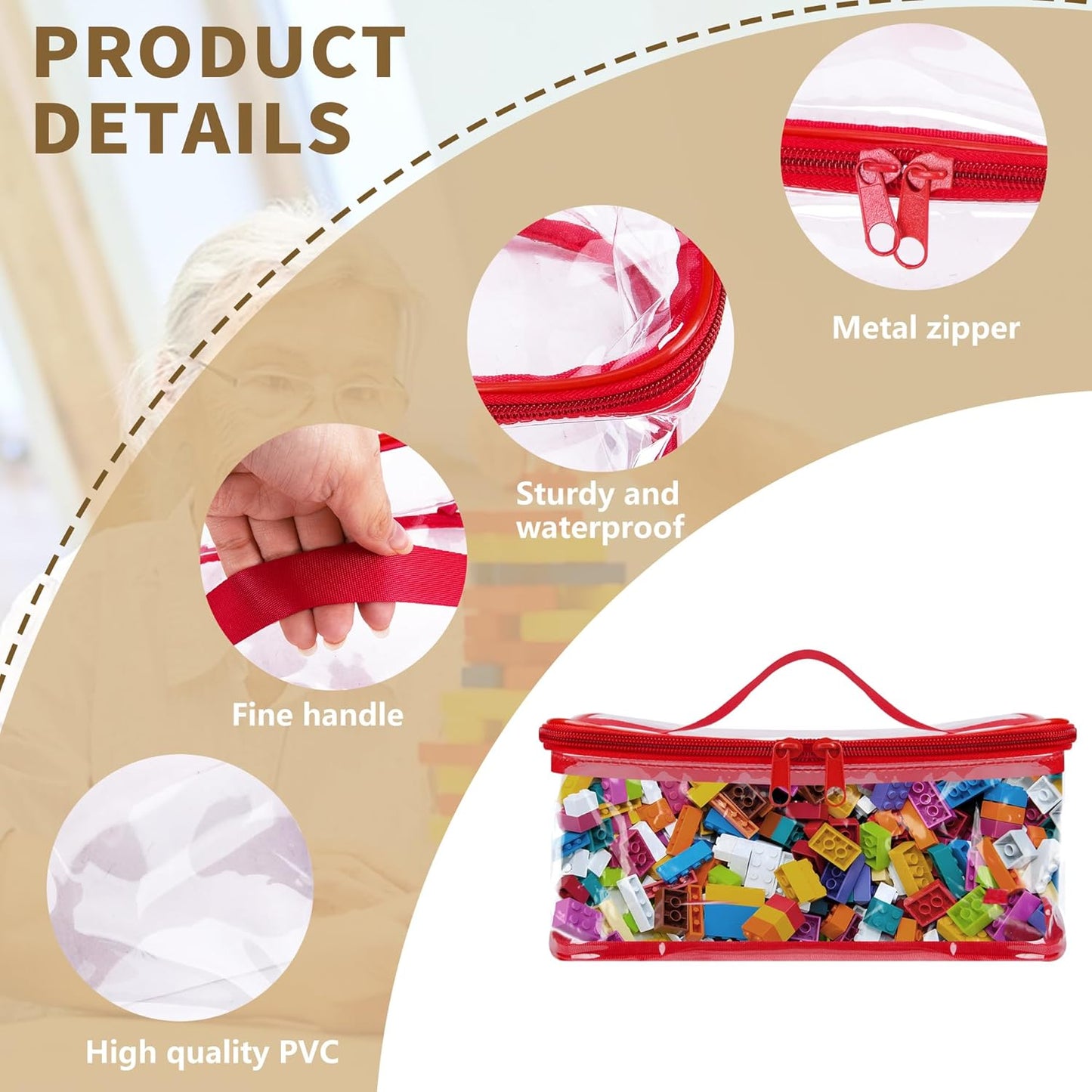3 Packs Clear Toy Storage Bags- 9.4 x 6.7 x 4.3 Inch Transparent PVC Toy Organizing Bags with Zipper- Waterproof Toy Storage Organizer Pouch for Building Blocks, Small Toys (Red, Blue, Yellow)