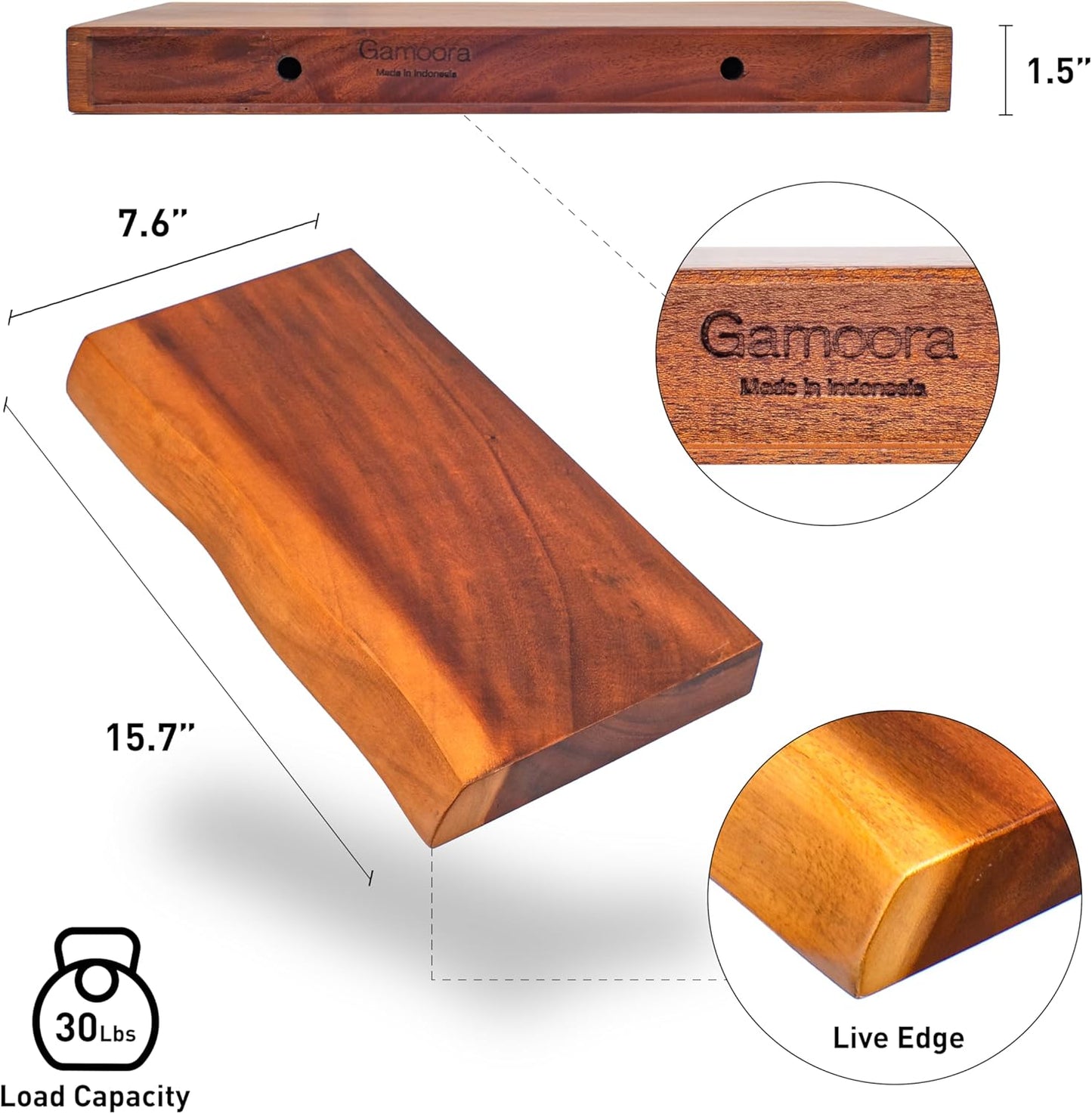Solid Wood Floating Shelves Set of 2 - Handcrafted with Authentic Live Edge Design for Natural Wall Display - 15.7" Rustic Wooden Shelving for Bathroom Kitchen Bedroom