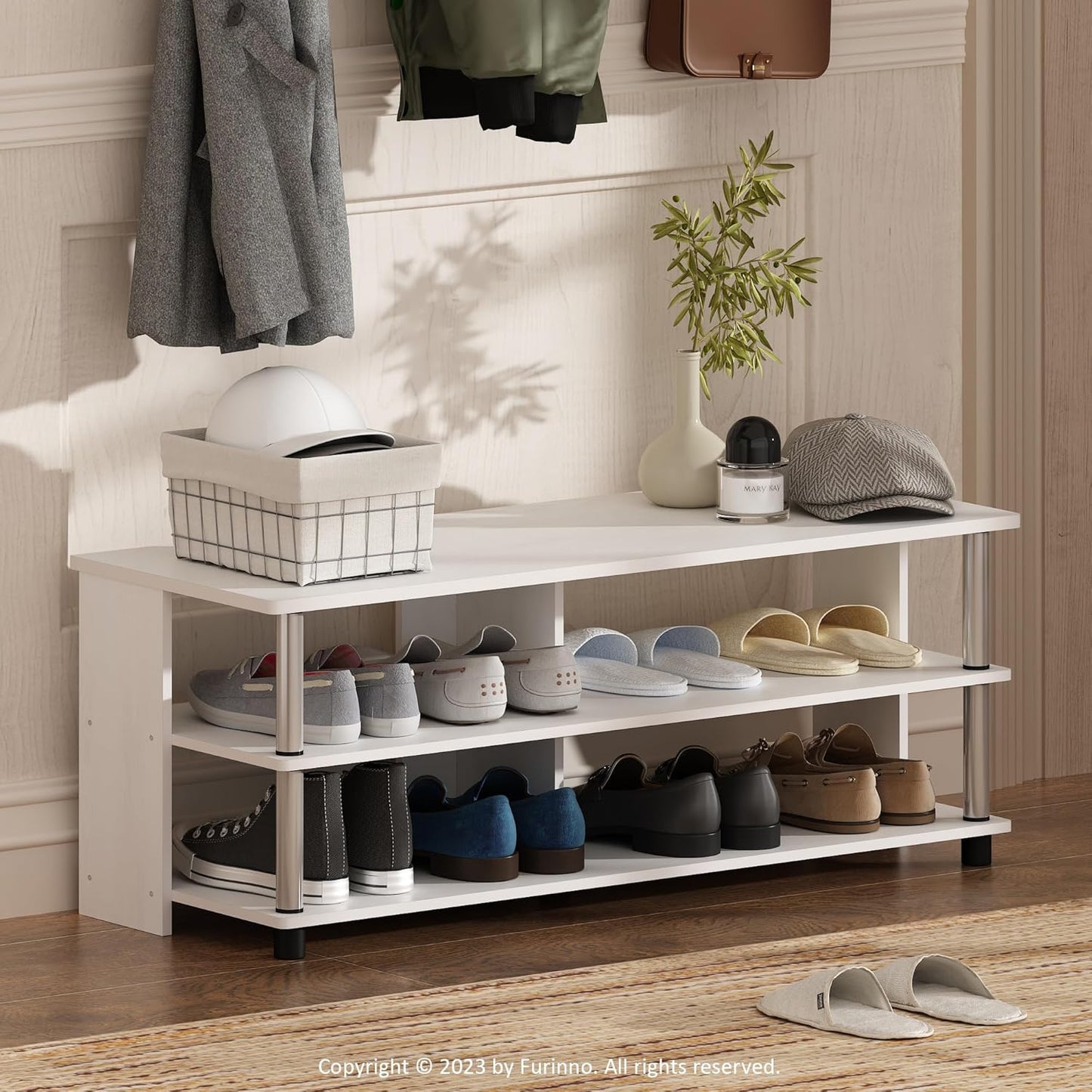 Furinno Turn-N-Tube Shoe Rack, 3-Tier Shoe Organizer, Compact Shoe Storage with Open Shelves and Stainless Steel Tubes, 15.5 x 41.1 x 15.8, for Closet Entryway, Office, Garage, White Oak
