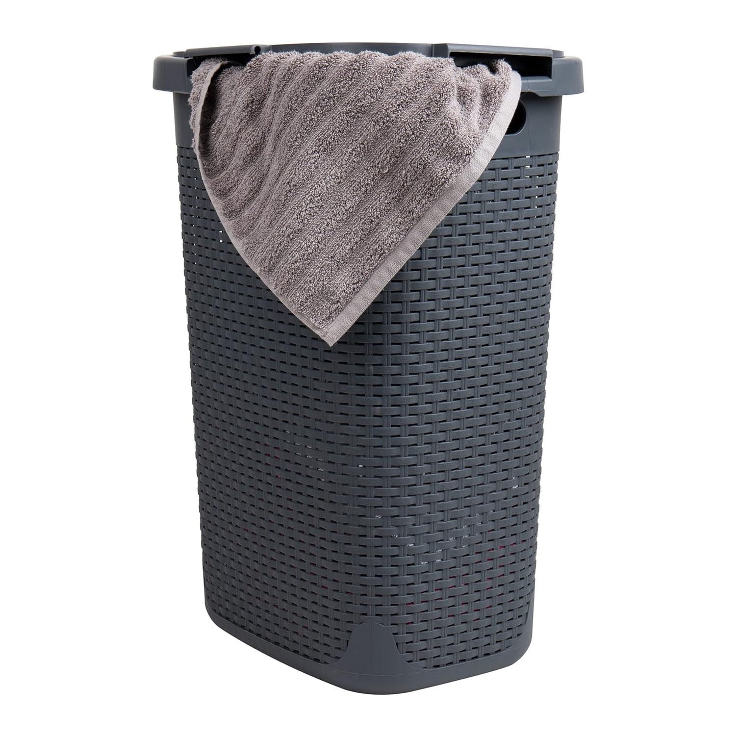 Mind Reader Slim Laundry Hamper with Lid, 60L Clothes Basket, Premium Wicker Design, Plastic, Gray