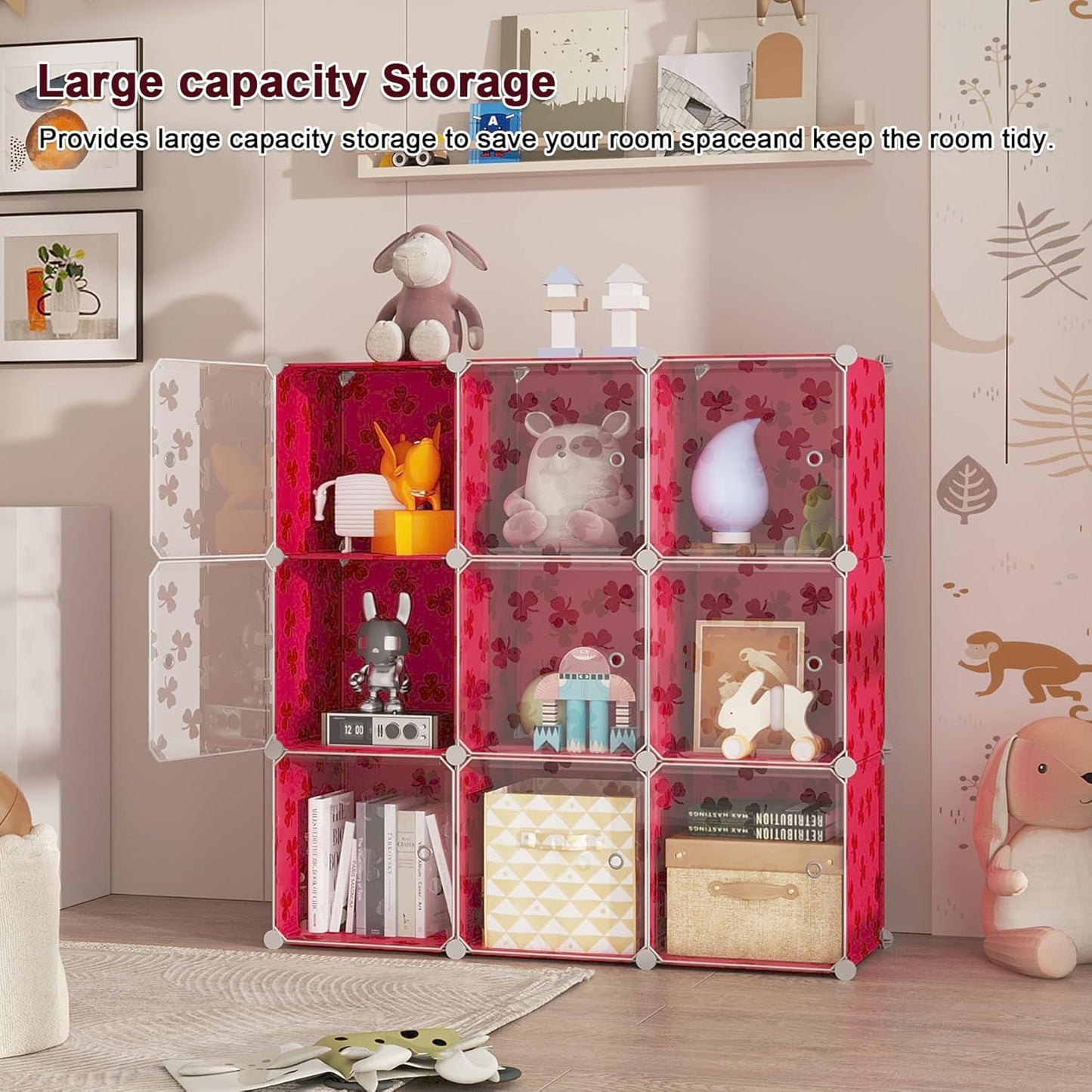 C&AHOME Cube Storage Organizer with Doors, 10-Cube Shelves, DIY Plastic Modular Bookshelf, Closet Clothes Storage Shelving Ideal for Bedroom, Living Room, Clover Embossed, Red