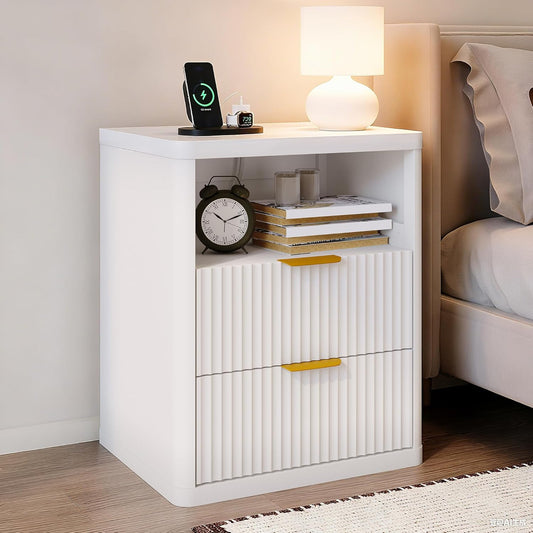 Fluted Nightstand with Charging Station, Bedside Table with 2 Drawers and Open Storage Space, Metal Handles and Rounded Corners for Safety, Mid Century Modern End Table, for Bedroom, Living Room Sofa