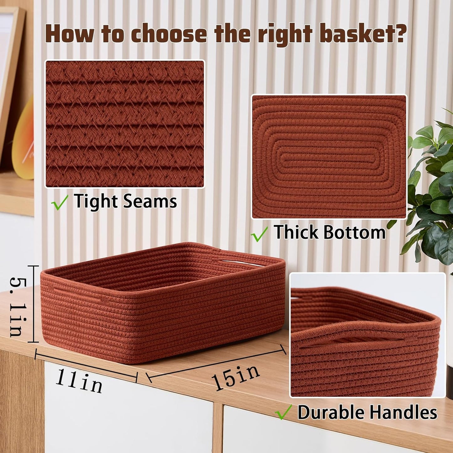 Large Shallow Organizing Baskets 15x11x5.1 Inches - Rope Woven Storage Bins for Bathroom, Shelves, Cube Closet, Red 3 Packs