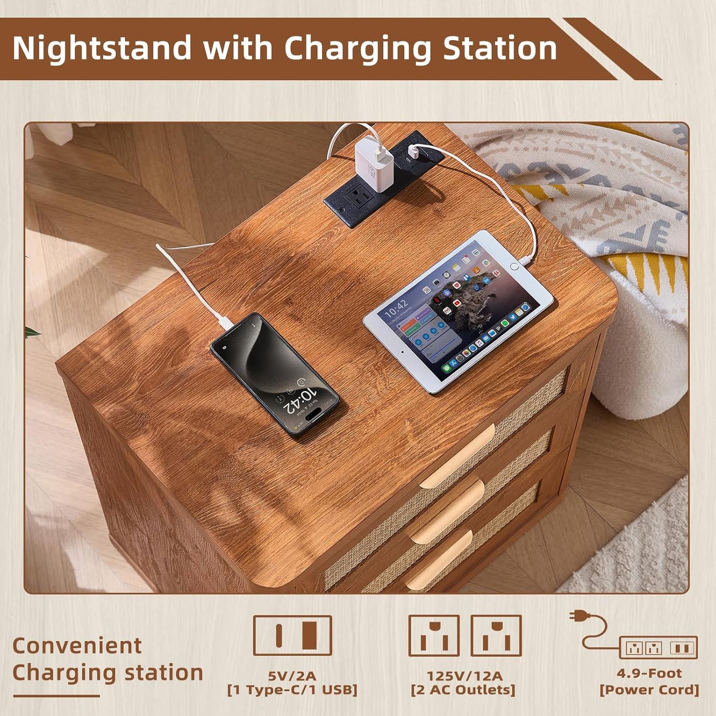 LEYAOYAO Rattan Night Stand with Charger Station, 23" Large 3 Drawer Boho Nightstand, Tea Brown Bedside Table Storage Cabinet, Bed Side End Tables for Bedroom, Living Room, Hallway
