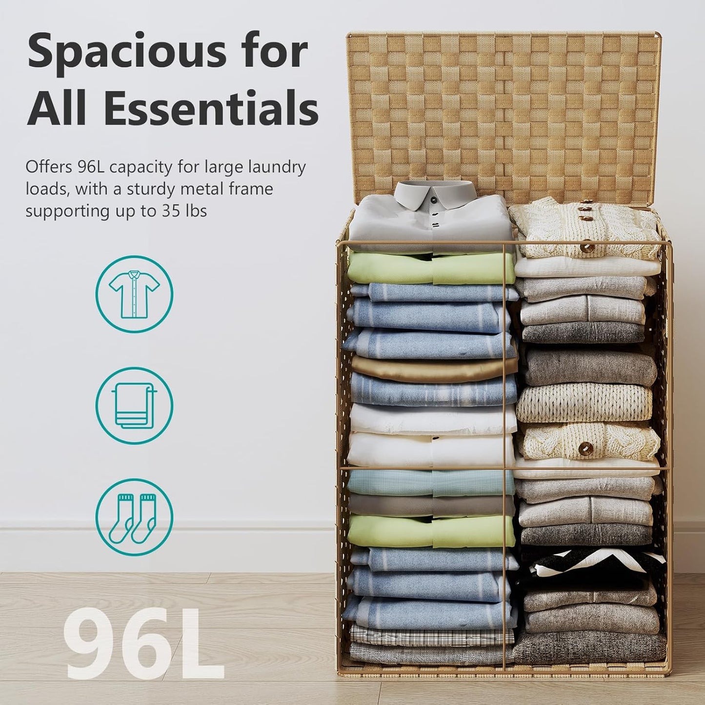 Foldable Laundry Hamper Basket with Lid by Fiona's magic, Handwoven 96L Large Clothes Hamper with Removable Liner Bags, Collapsible Tall Hamper for Bedroom, Bathroom and Dorm Organizer, 2Pack, Natural