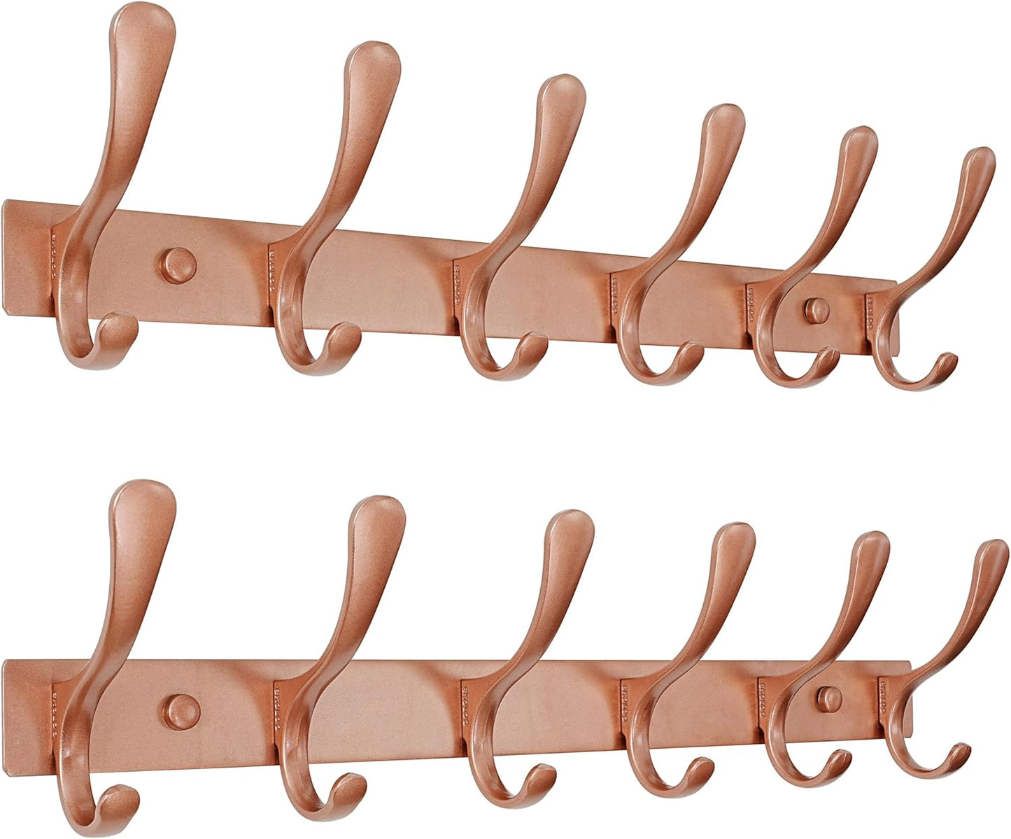SKOLOO Coat Rack Wall Mounted - 6 Hooks, Pack of 2, Heavy Duty, Stainless Steel, Metal Wall Hanger, Sturdy Coat Hooks for Hanging Coats, Jacket, Clothes, Hat, Matte Rose Gold