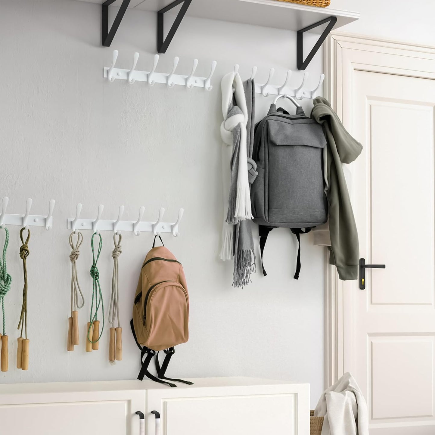 SKOLOO Heavy Duty Wall Mounted Coat Rack - 6 Hooks, Stainless Steel, Sturdy Coat Hooks for Hanging Clothes, Jacket, Hat, White