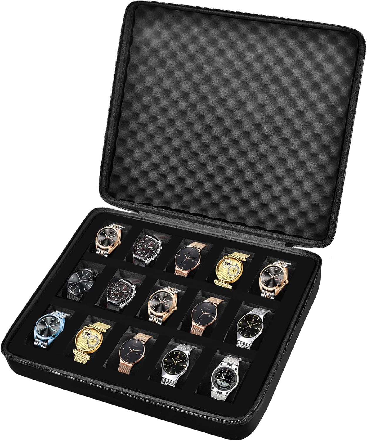 Comecase 15 Slots Watch Box Organizer/Men Watch Display Storage Case Fits All Wristwatches and Smart Watches up to 42mm - Black