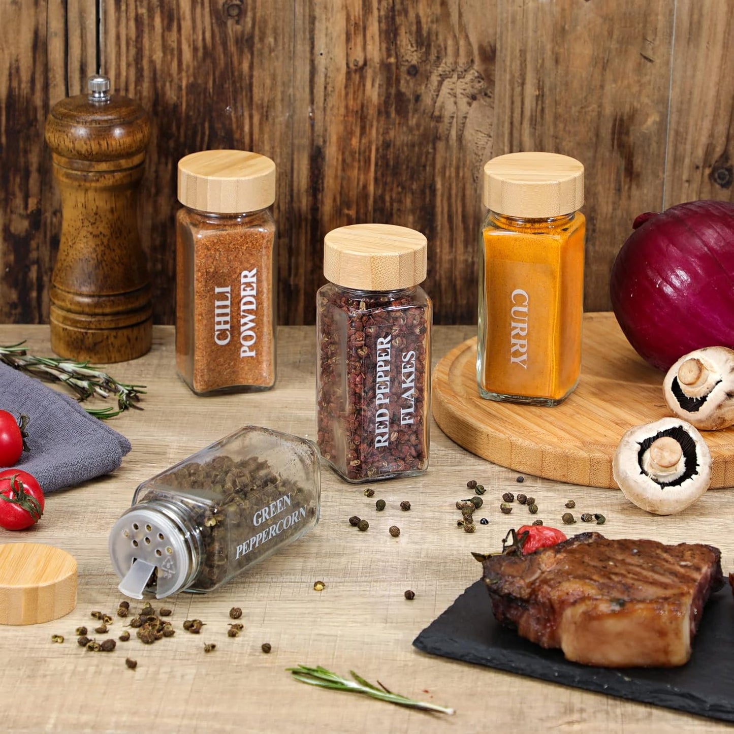 NETANY 24 Pcs Glass Spice Jars with Bamboo Lids, 4 oz Glass Jars with Minimalist Farmhouse Spice Labels Stickers, Collapsible Funnel, Seasoning Storage Bottles for Spice Rack, Cabinet, Drawer