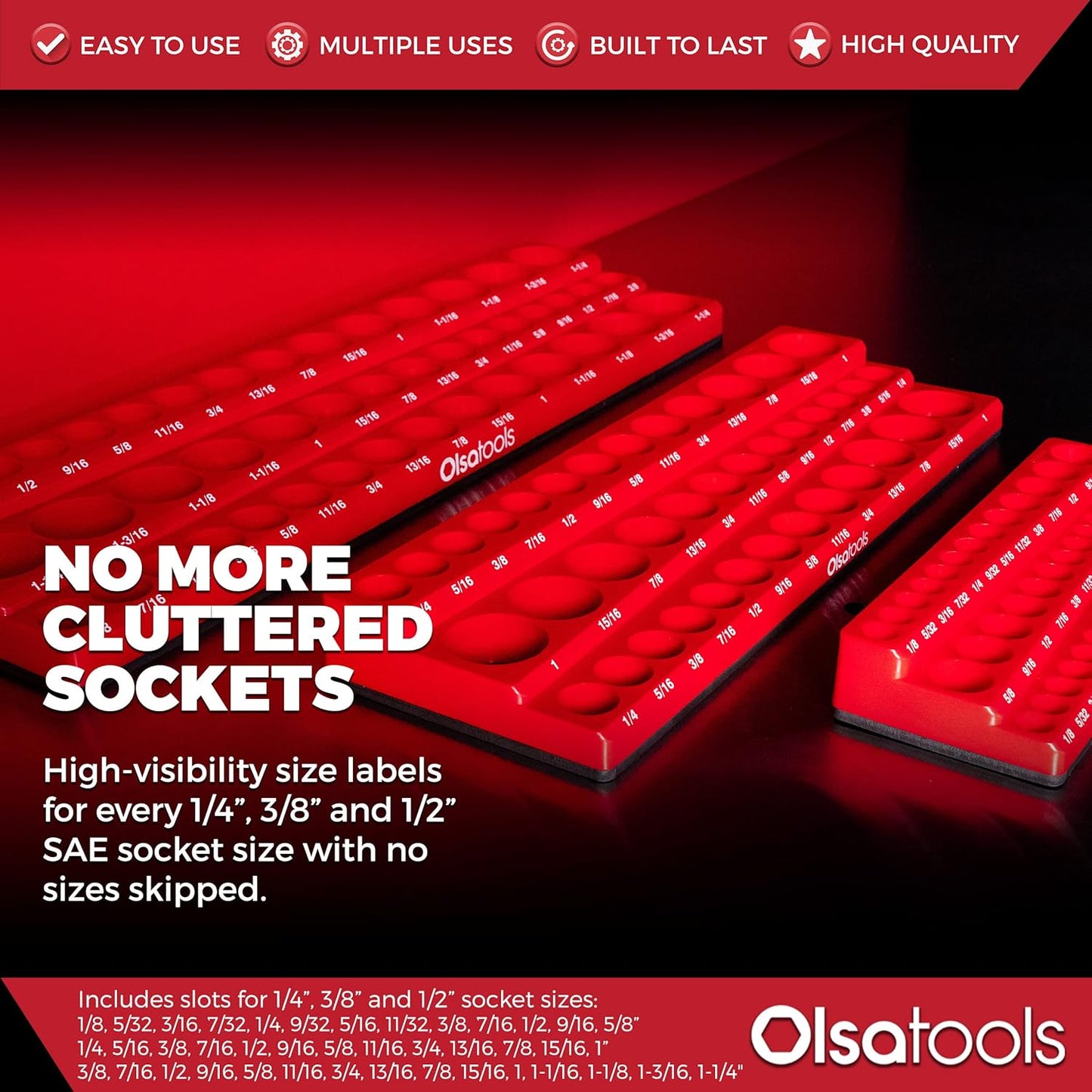 Olsa Tools Magnetic Socket Organizer | 3pc Socket Holder Kit | 1/2-Inch, 3/8-Inch, & 1/4-Inch Drive | Socket Organizers For Toolboxes | Red | Holds 123 | Professional-Grade Tool Organizer | Part 1560