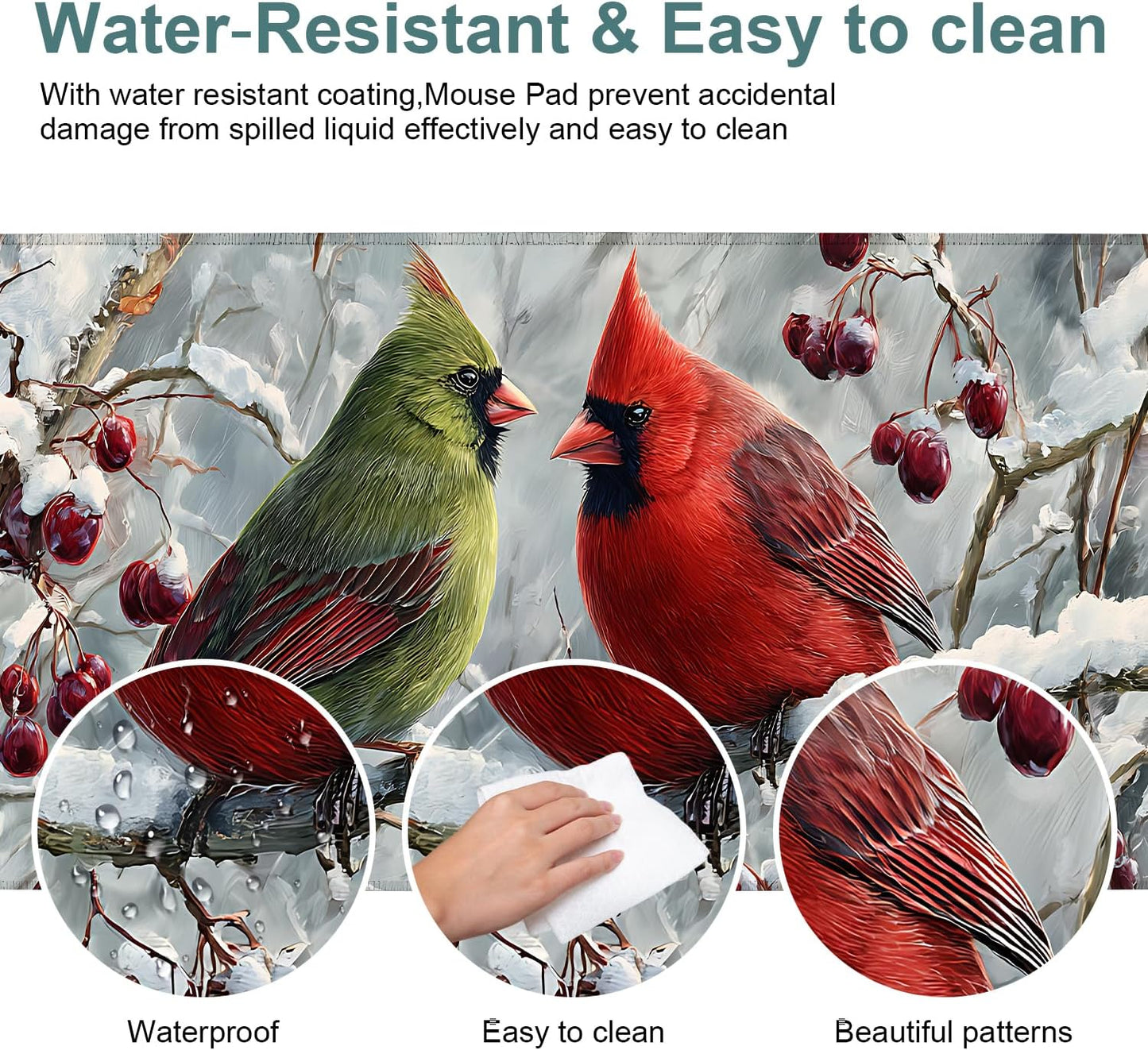 Winter Cardinal Bird Gaming Mouse Pad 31.5"x11.8"Desk Mat Anti-Slip Rubber Base & Durable Stitched Edges for Gamers Smooth Mouse Writing Surface for Desk Office/Home