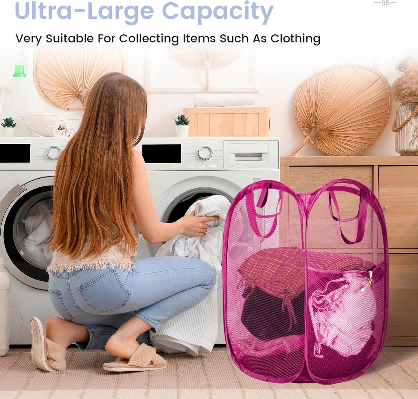 HOUSE AGAIN 2 Pcs Pop Up Laundry Hamper, Strong Mesh Laundry Baskets Collapsible, Hamper with Handles and Side Pocket, Portable Foldable Dirty Clothes for Dorm, Laundry room and Travel Storage, Pink