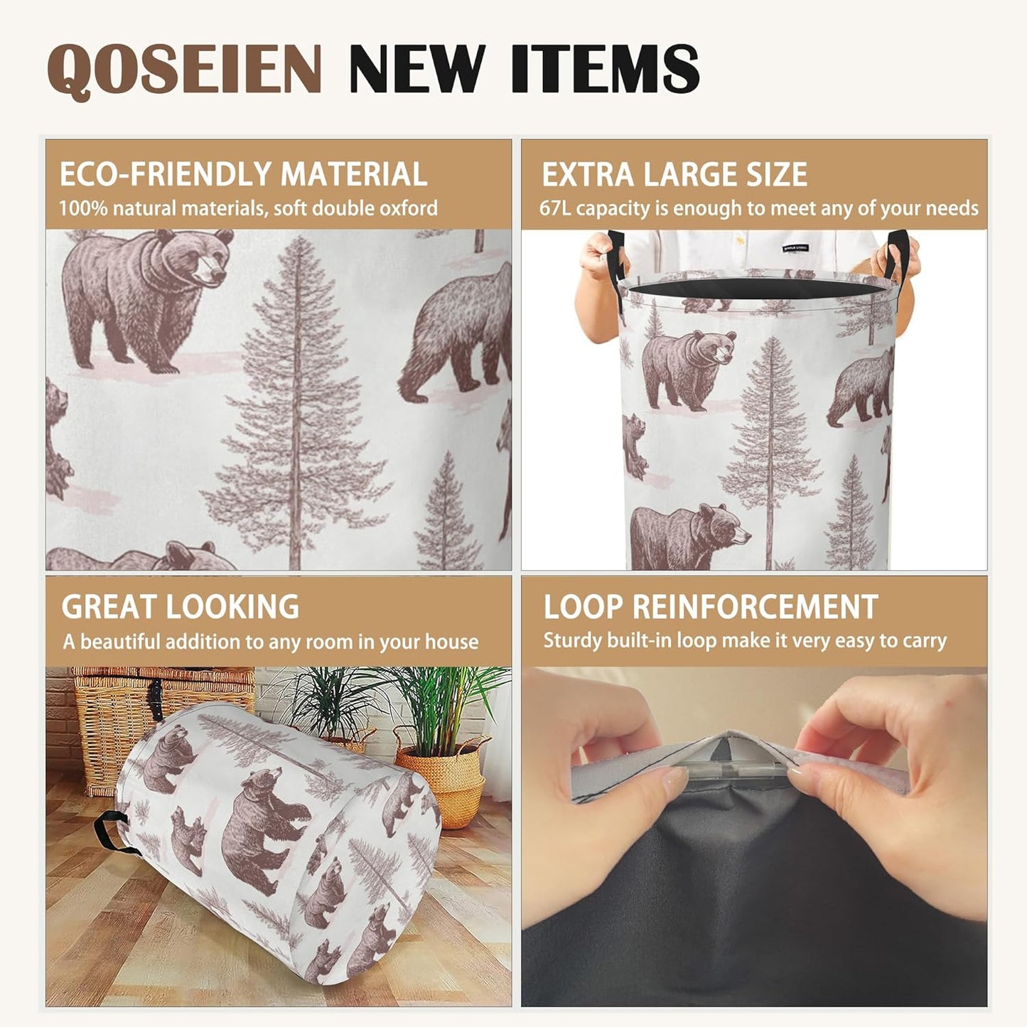Large Laundry Basket,Retro Bear Collapsible Laundry Baskets,Forest Printed Waterproof Oxford Hamper with Handles for Bathroom Bedroom Nursery Home Storage 16"x20"