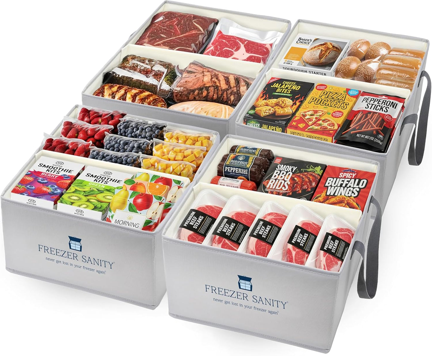 The Original Chest Freezer Organizer Bins, Stackable Storage Organizers, Deep Freezer Dividers, Handles, Heavy-Duty, Water-Proof (4 Pack Regular 15x14x9)