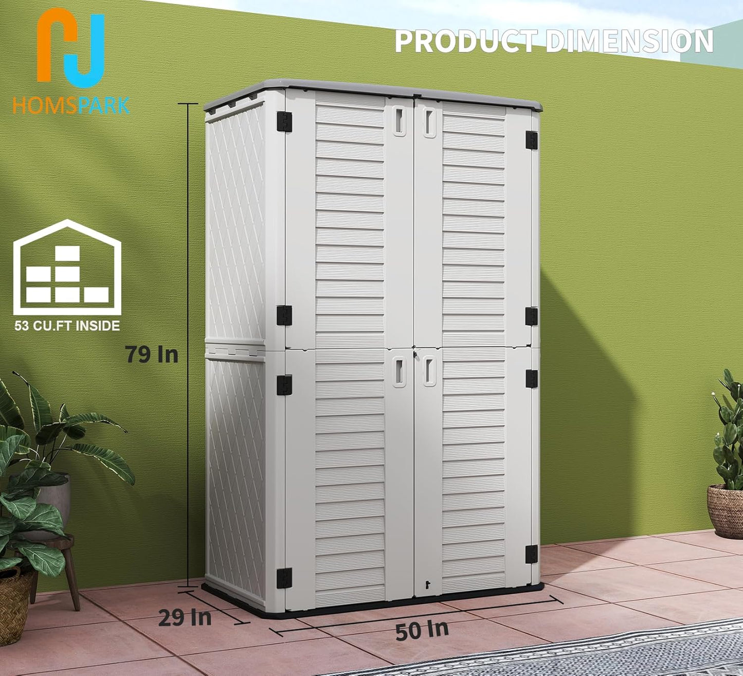 HOMSPARK Storage Shed Weather Resistance, Multi-Purpose Outdoor Storage Cabinet for Backyards and Patios, Horizontal Storage Shed for Lawnmower, Patio Accessories (White, Tall - 53 cu.ft)