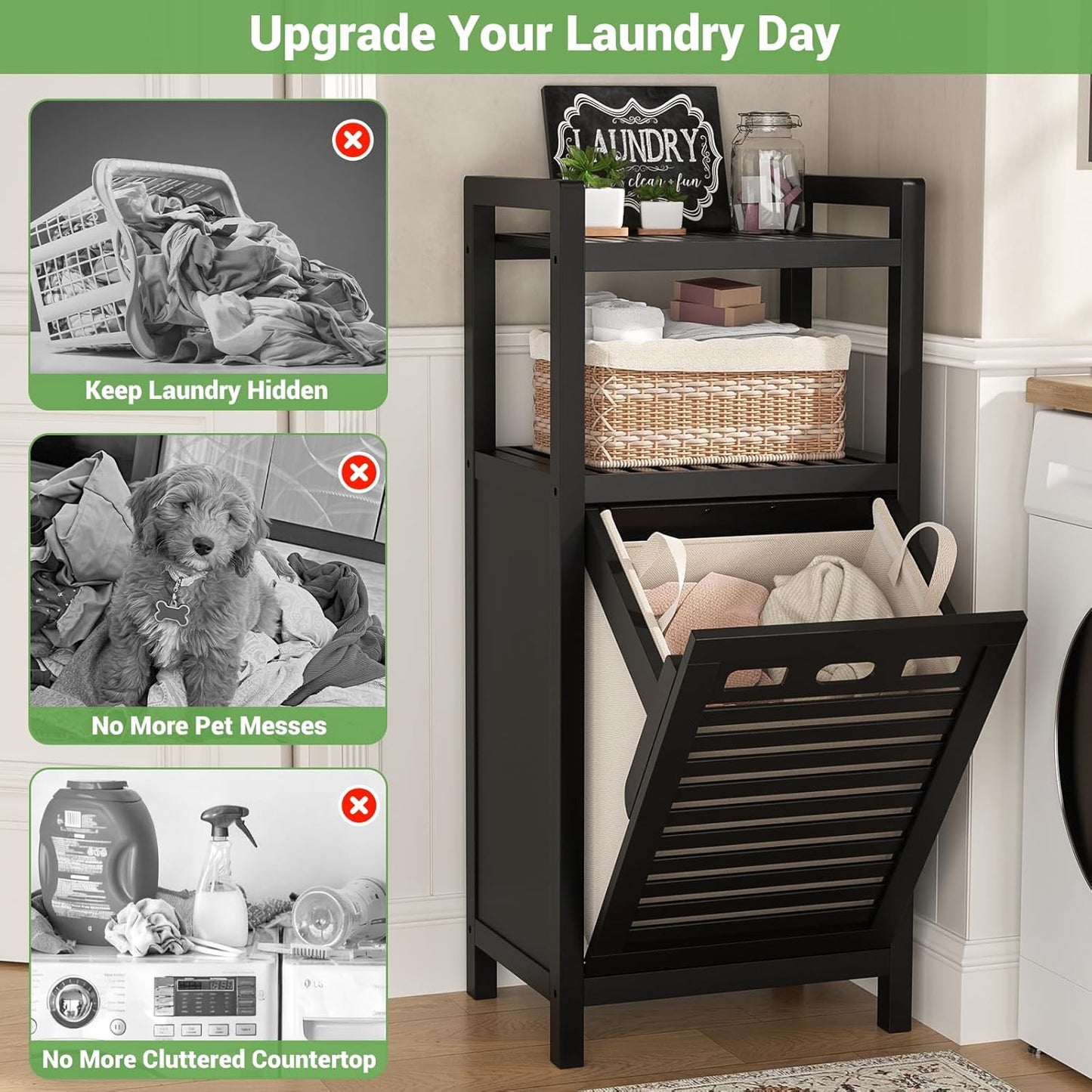 Homykic Tilt Out Laundry Hamper, 10 Gal Bamboo Laundry Storage Cabinet with Removable Basket, Hidden Hamper Organizer with Shelf for Dirty Clothes, Bathroom, Laundry Room, Space Saving, Black