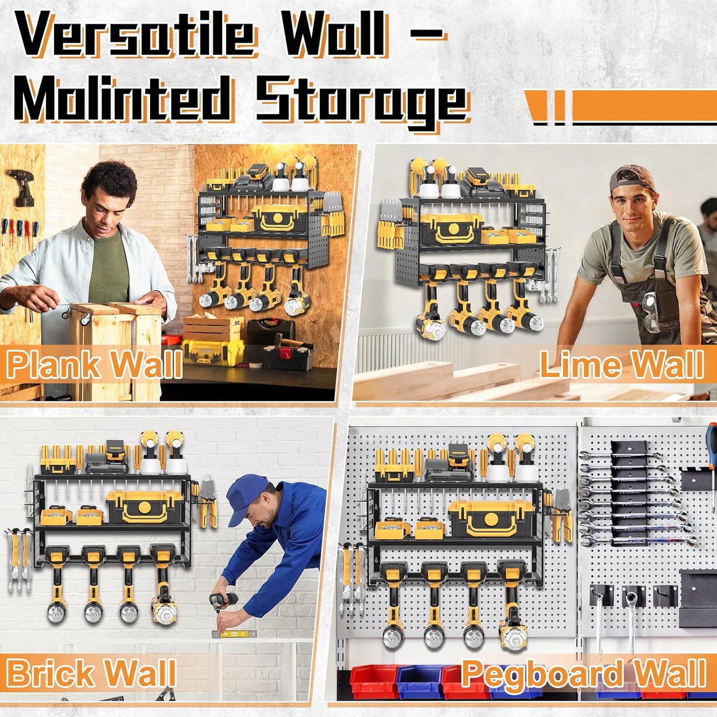 Power Tool Organizer Wall Mount, 150Lbs Load 3 Layer Heavy Duty Metal Tool Shelf with 4 Drill Holders, Garage Workshop Storage for Cordless Tools Batteries Screwdrivers(Black A)