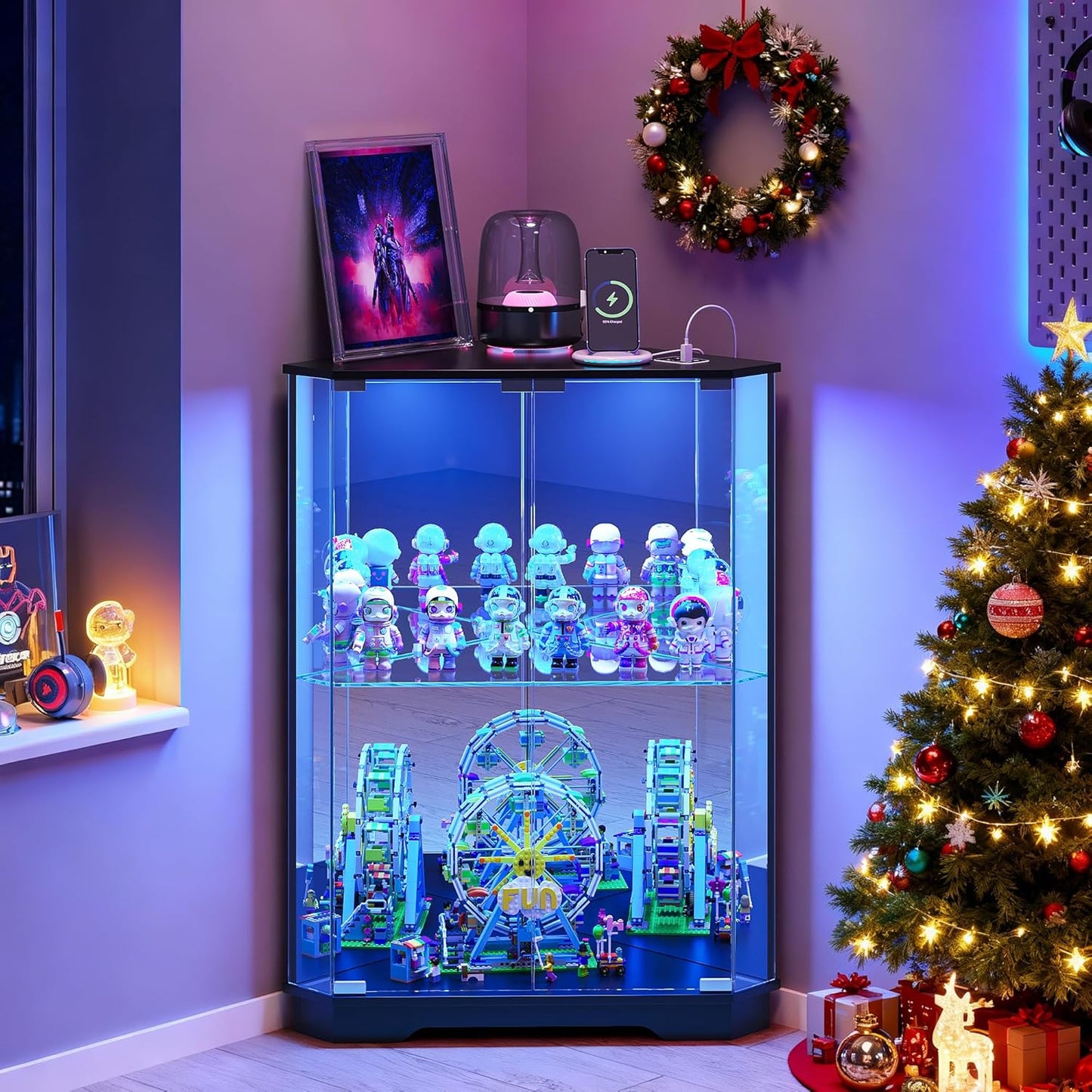 Corner Display Cabinet with Glass Doors, Small Display Case with 3-Color LED Lights and Charging Station, 2-Tier Curio Cabinet with Storage and Shelf, Black