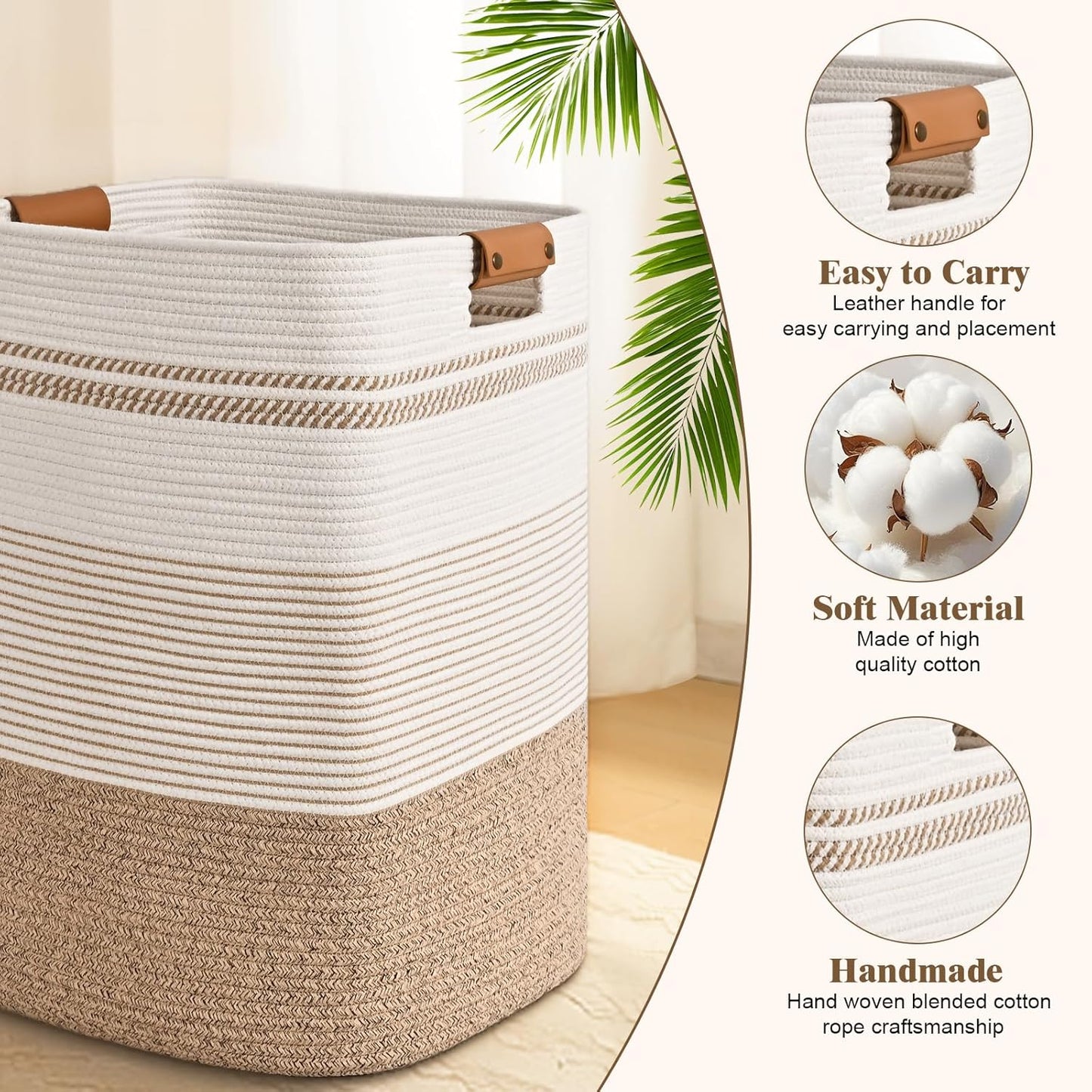 Laundry Hamper, 95L Tall Laundry Basket with Leather Handles, Rectangle Large Clothes Hamper for Organizing, Cotton Woven Laundry Baskets Storage Hampers for Bedroom, Nursery, Living Room
