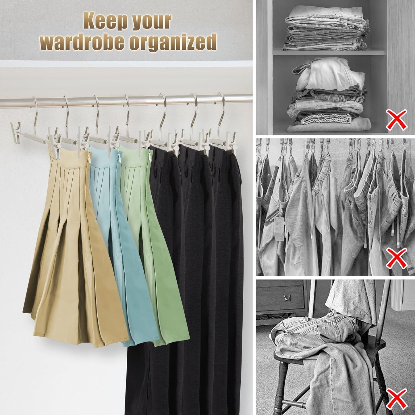 VWV 20-Pack Adjustable Women's Skirt and Pants Hangers, Durable, Space-Saving, Suitable for Jeans, Shorts, Underwear, Sports Bras (Matte Pearl Nickel