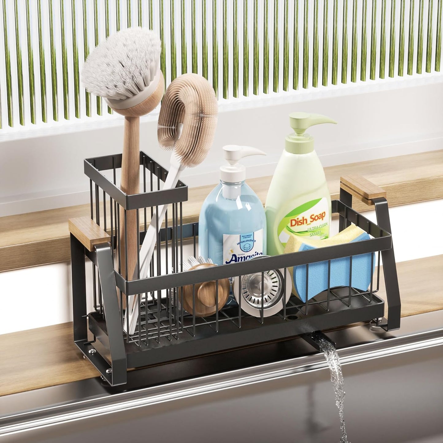 Sink Caddy Organizer with Wooden Handle & Self-Draining Tray, Trapezoid Kitchen Sponge Holder with Non-Slip Suction Cups , Organizer for Sponge, Brush, Soap Dispenser for Sink and Bathroom Countertop