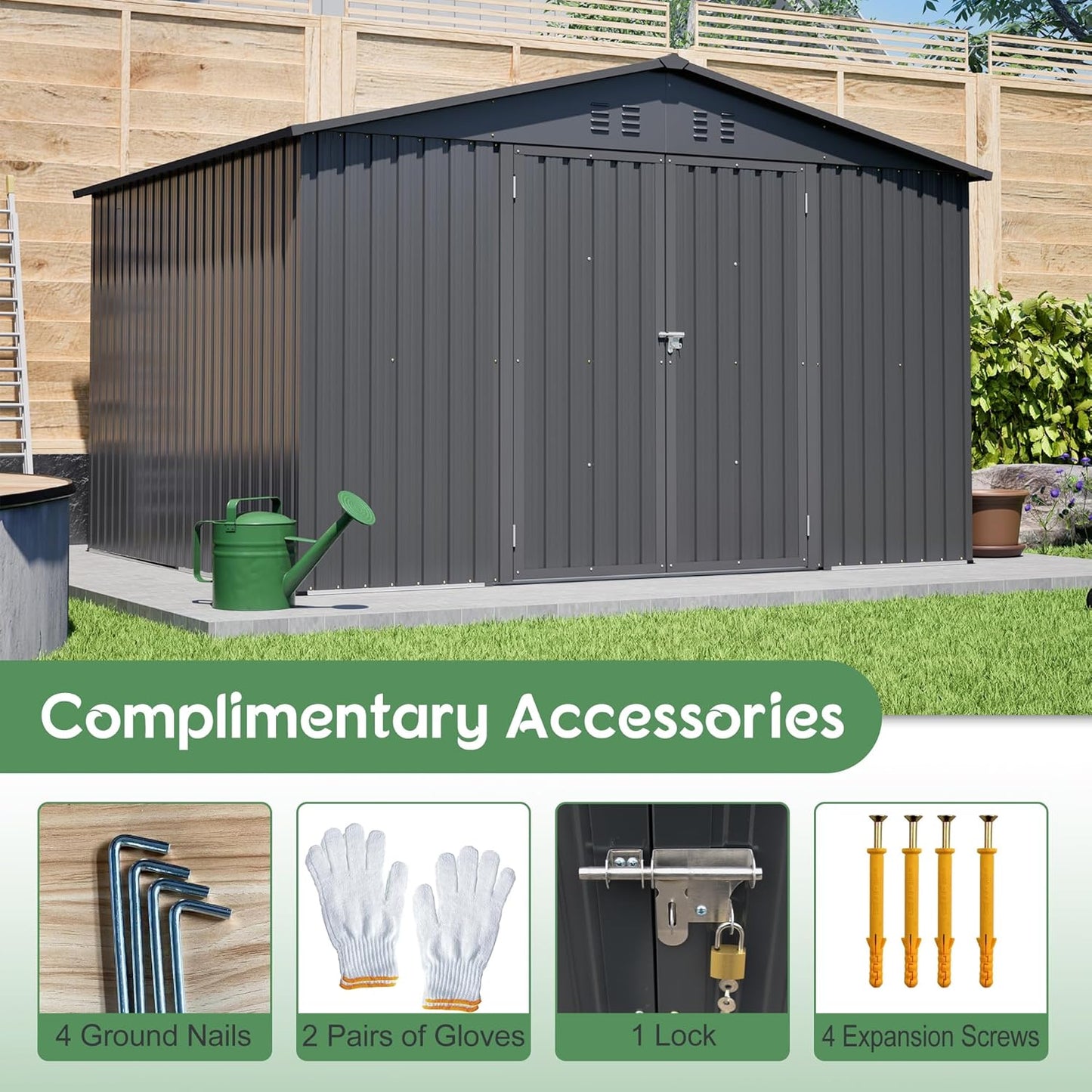 10x8 FT Outdoor Storage Shed with Floor Frame Structure and Lockable Doors, Durable and Sturdy Meta Sheds with Waterproof Roof Garden Tool Shed Ideal for Backyard Patio (Black