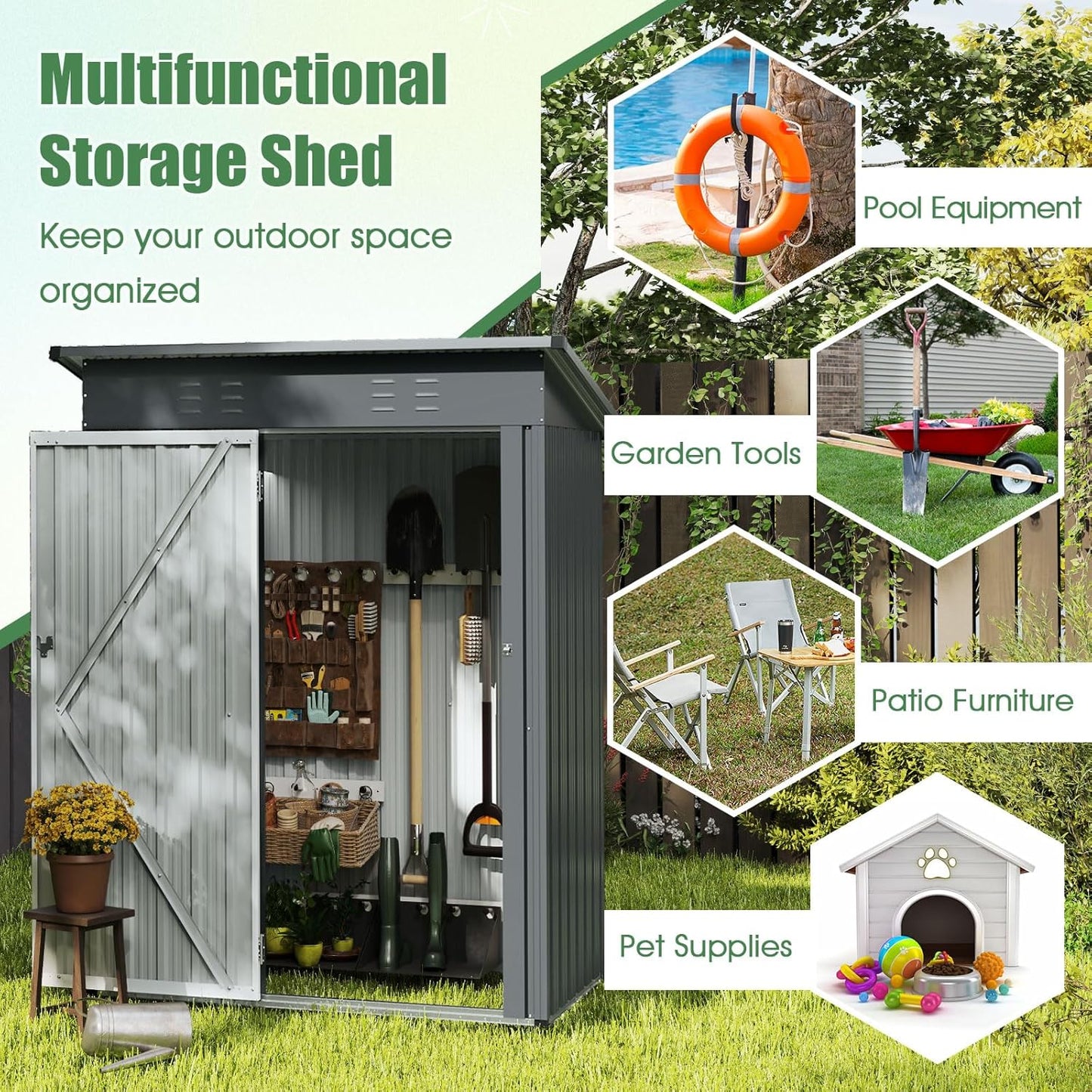 Goplus 5 x 3 FT Outdoor Storage Shed, Galvanized Metal Tool House w/Sloped Roof, 2 Vents, Lockable Door, Waterproof & Windproof Utility Tool Organizer for Garden, Backyard, Lawn, Patio, Gray