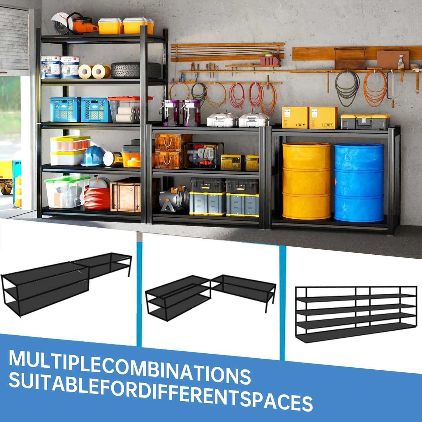 Storage Shelves, Garage Metal Shelving Unit, Adjustable, Double-Layer Column with Reinforced Ribs, Heavy-Duty, Capable of Bearing 600-3600 lbs (Black, 77 * 45 * 18, 5-Tier)