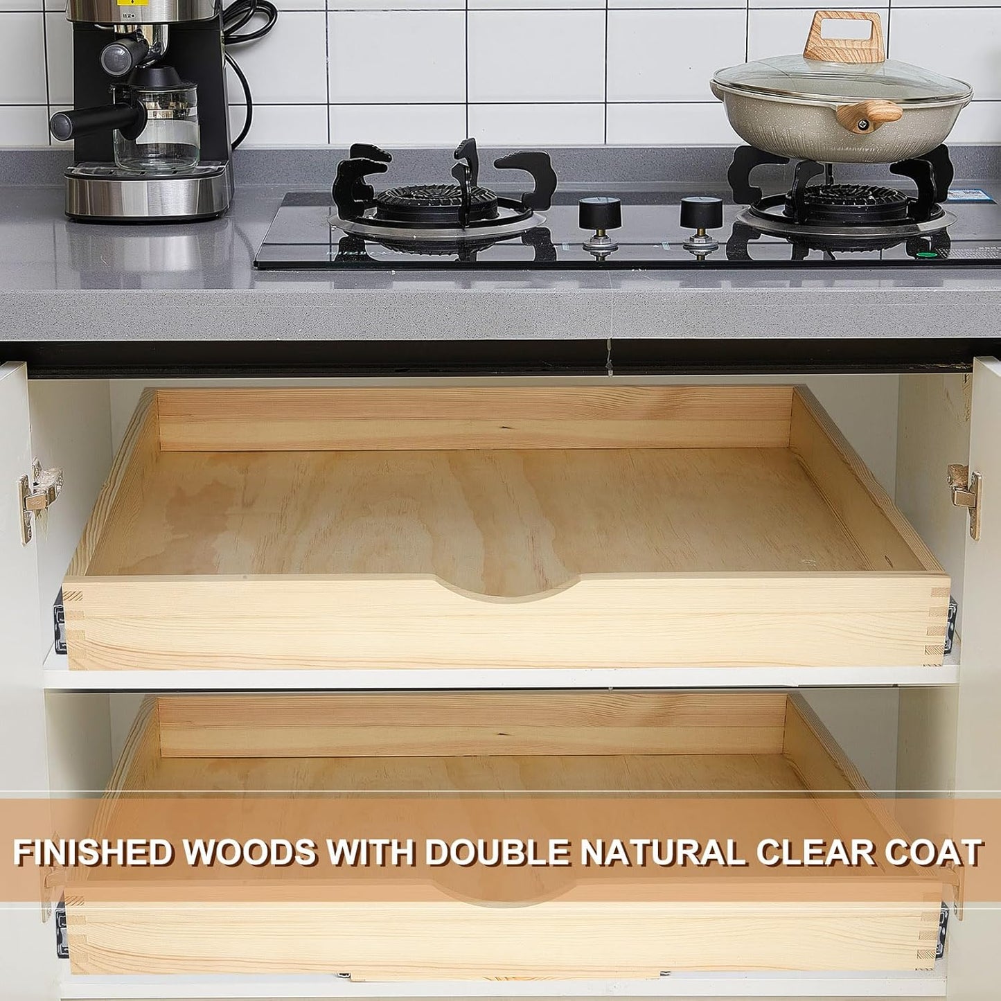 Menkxi 2 Set Pull out Tray Cabinet Organizer Wooden Pull Drawers storage Slide out Pantry Shelf for Base Cabinet Kitchen Gentle Close Fully Assembled Accessories(Wood Color,27'' X 21'' X 3")